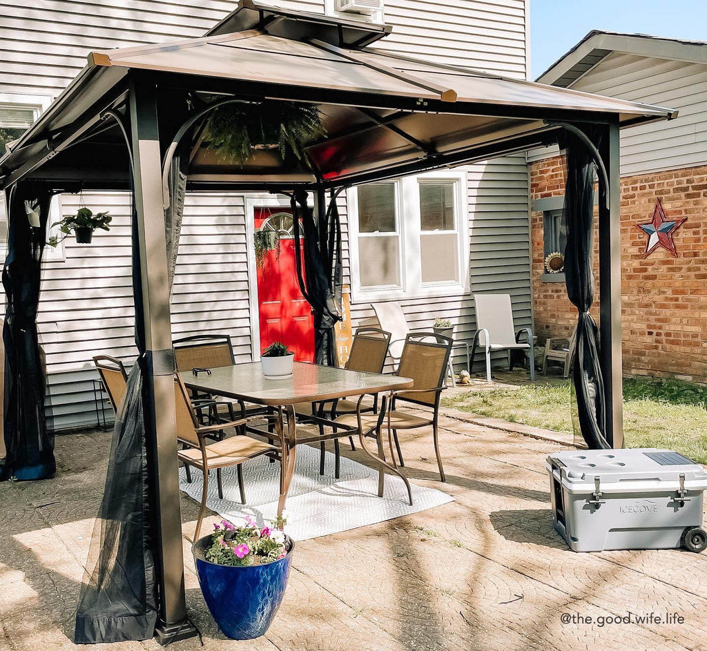 Sunjoy Outdoor Patio 10x12 Brown 2-Tier Steel Backyard Hardtop Gazebo with Metal Ceiling Hook and Netting
