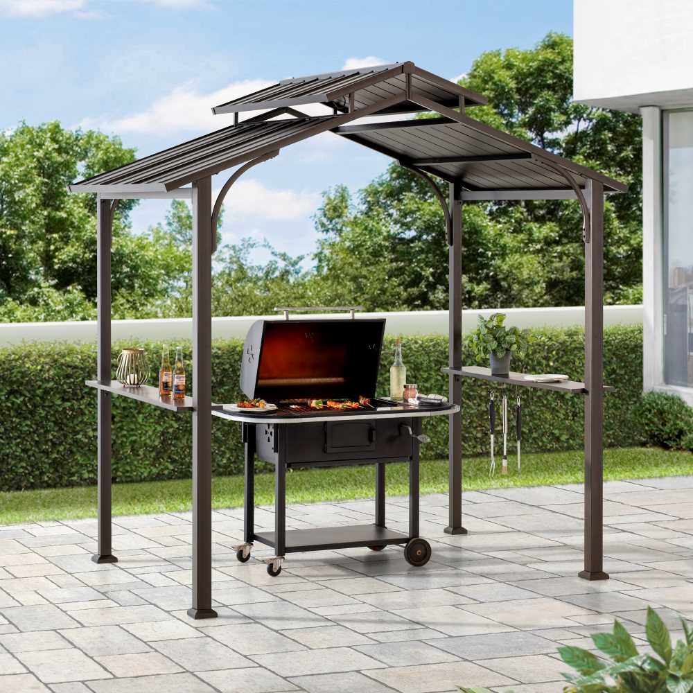 Sunjoy Outdoor Patio 5x8 Brown 2-Tier Steel Backyard Hardtop Grill Gazebo with Metal Ceiling Hook and Bar Shelves