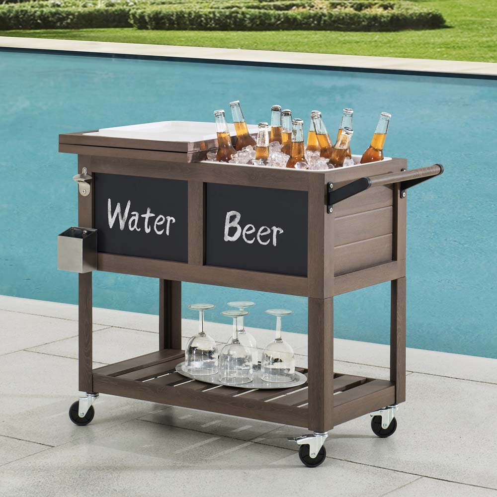 Sunjoy 80-Quart Brown Patio Cooler, Rolling Ice Chest Cooler Cart with Chalkboard, Storage Shelf, Bottle Opener, and Wheels