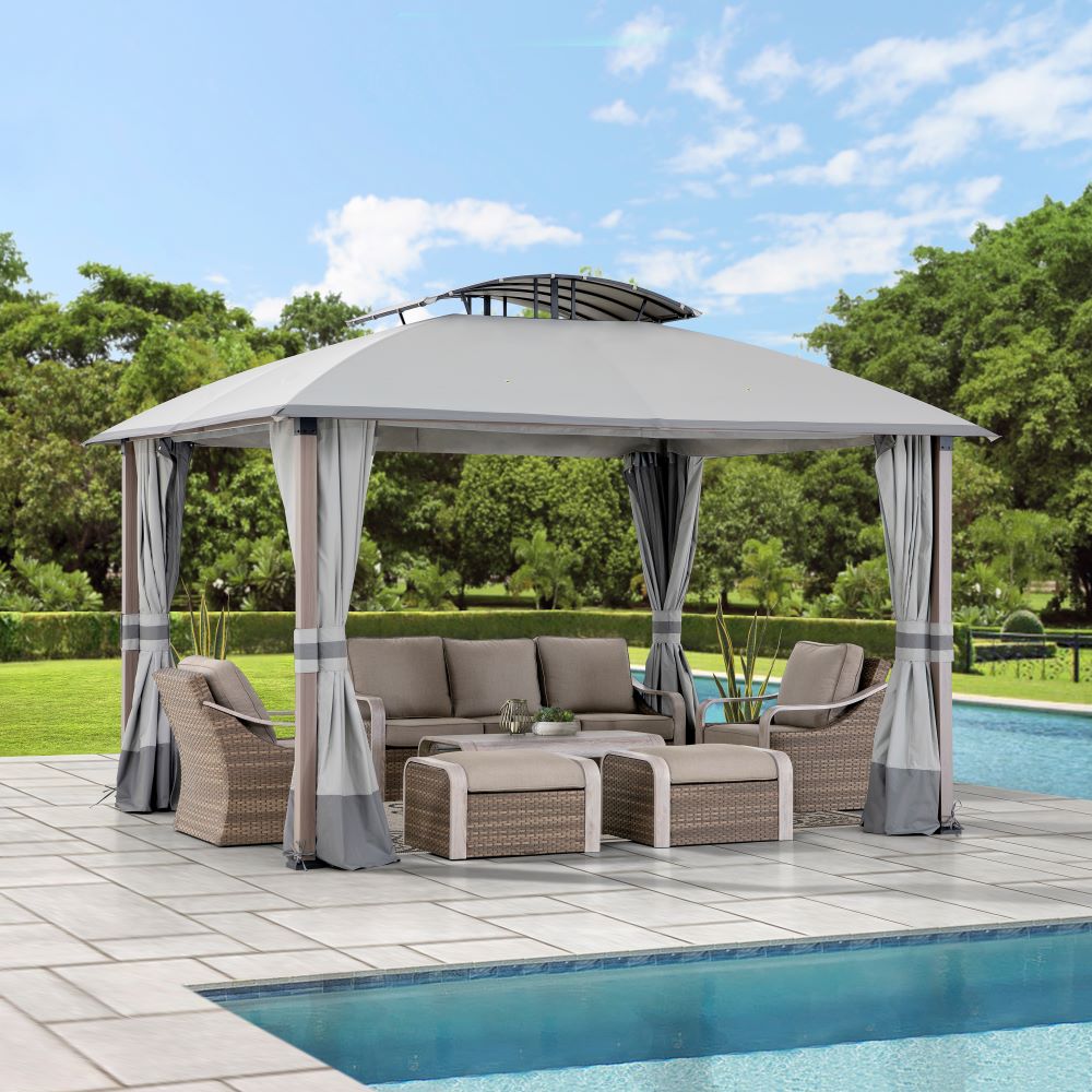 Sunjoy 11x13 ft. Outdoor Patio Domed 2-tier Soft Top Gazebo, Woodgrain Steel Frame Backyard Gazebo with Curtain and Netting