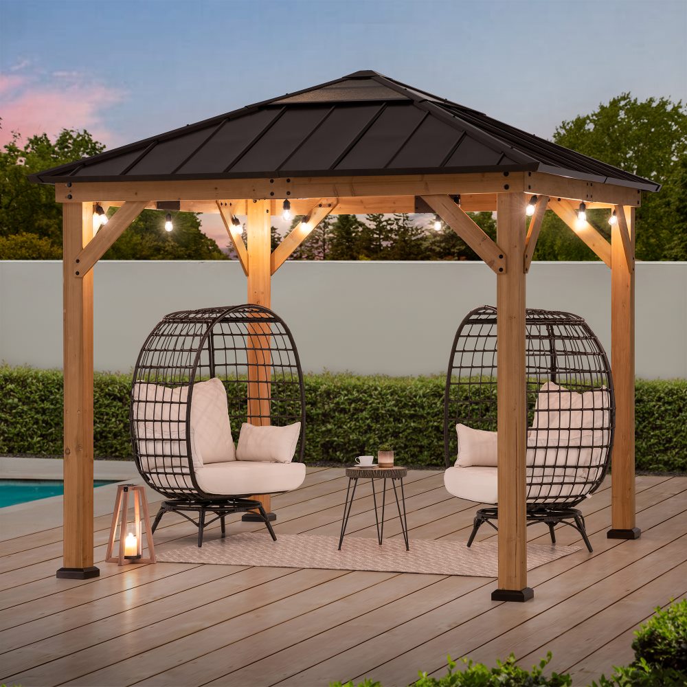 Sunjoy Cedar Gazebo, Cedar Frame 9' x 9' Gazebo, Backyard Brown Hardtop Gazebo with Ceiling Hook