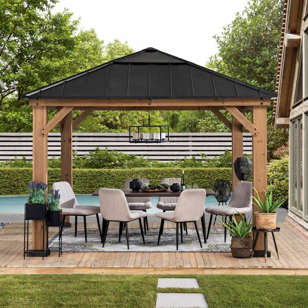 Sunjoy Outdoor Patio 11x11 Wooden Frame Backyard Hardtop Gazebo with Ceiling Hook