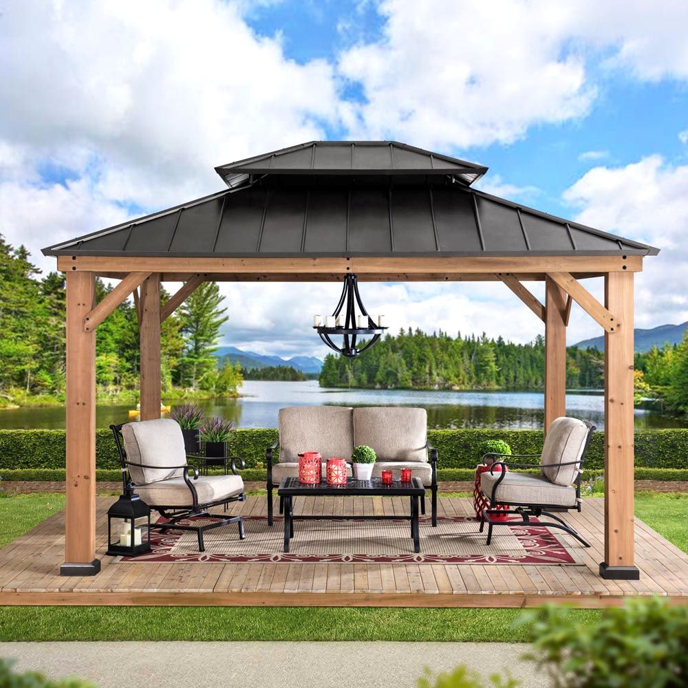 Sunjoy Outdoor Patio 11x13 Black 2-Tier Wooden Frame Backyard Hardtop Gazebo with Ceiling Hook