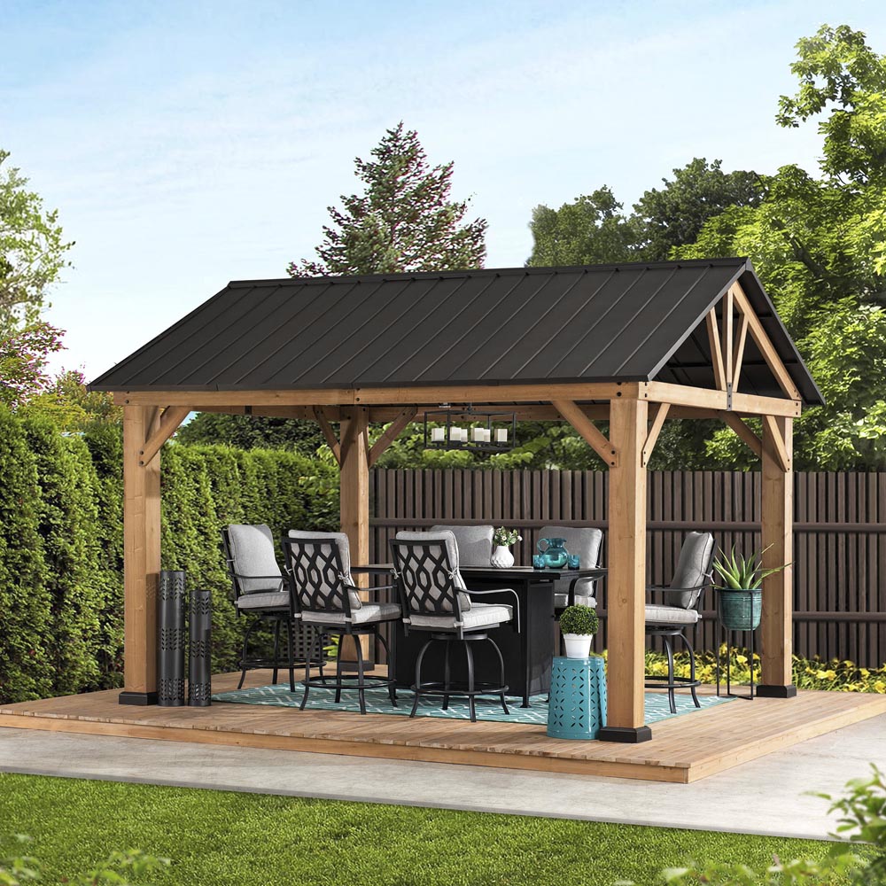 Sunjoy Outdoor Patio 11x13 Wooden Frame Gable Roof Backyard Hardtop Gazebo / Pavilion with Ceiling Hook