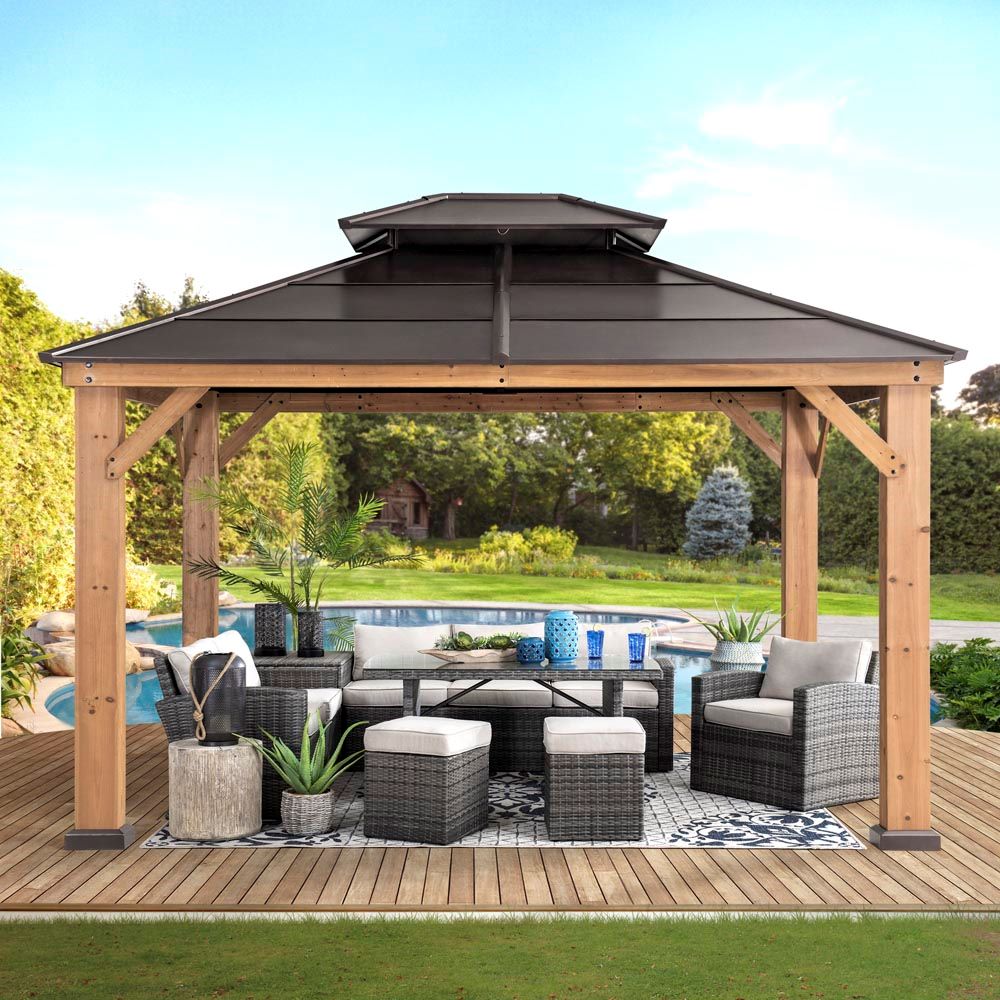 Sunjoy Outdoor Patio 11x13 Brown 2-Tier Wooden Frame Backyard Hardtop Gazebo with Ceiling Hook