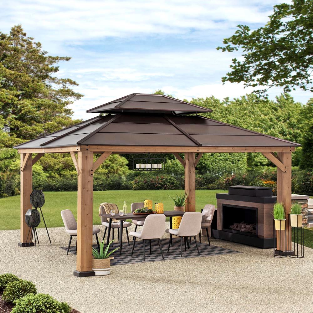 Sunjoy Outdoor Patio 13x15 Brown 2-Tier Wooden Frame Backyard Hardtop Gazebo with Ceiling Hook