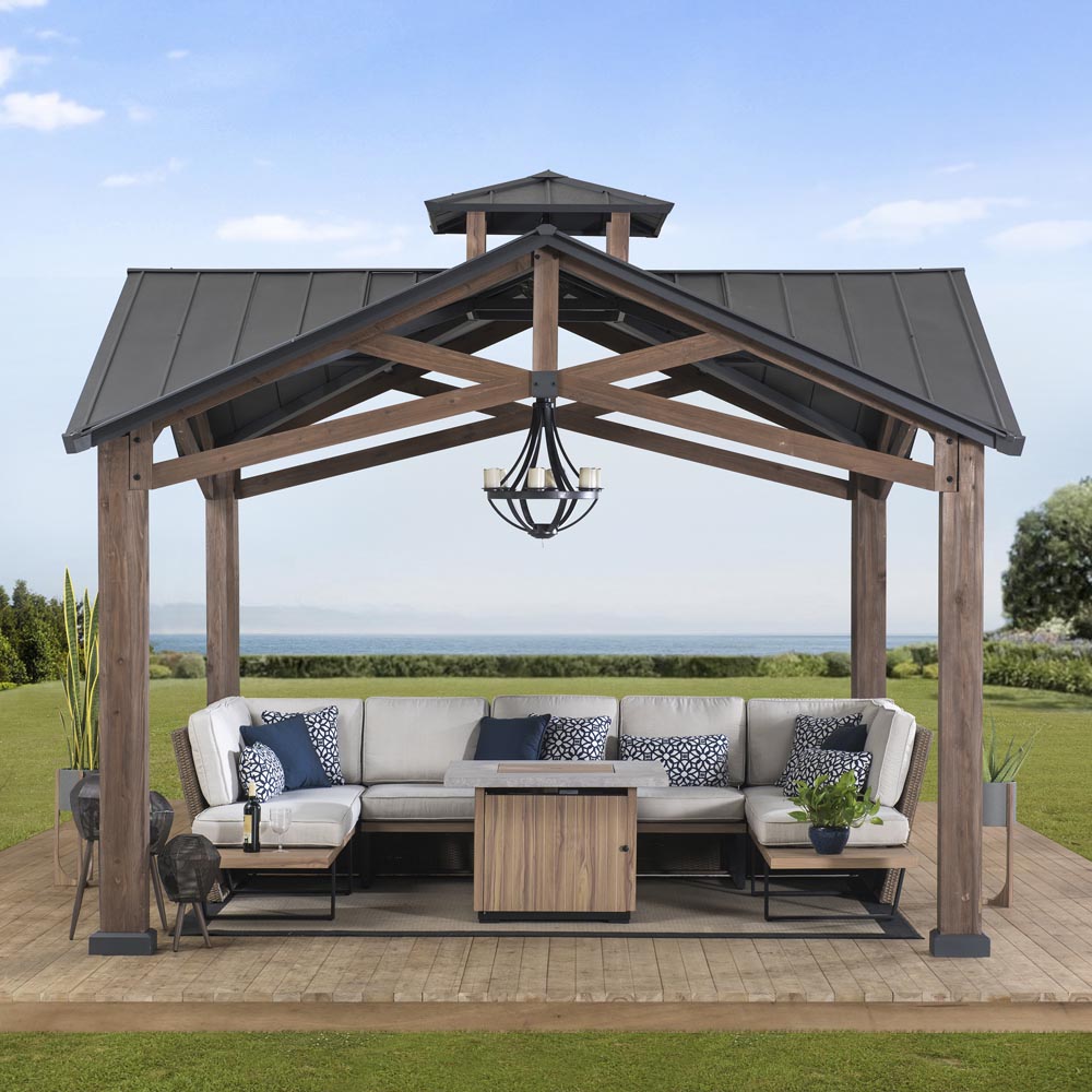 Sunjoy 12.5x12.5 Black 2-Tier Wooden Frame Hardtop Gazebo with Ceiling Hook