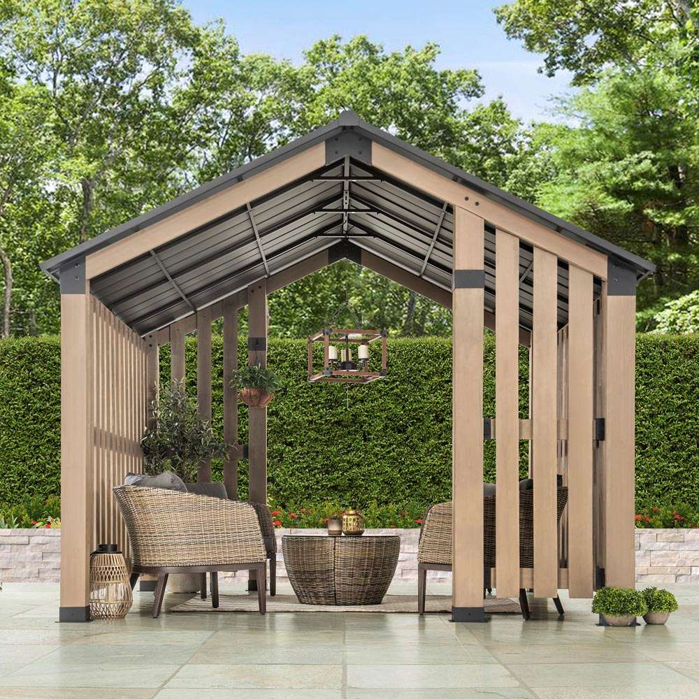 Sunjoy Outdoor Patio 11x11 Black Wooden Frame Privacy Screen Backyard Aluminum &amp; Steel Hardtop Hot Tub Gazebo / Pavilion with Ceiling Hook