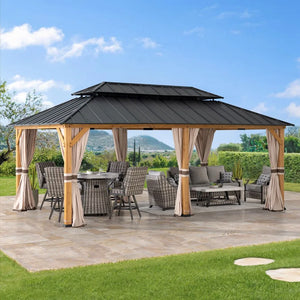 SUNJOY 12x20 Cedar Frame Gazebo with Galvanized Steel Roof and Curtains - SUNJOY US
