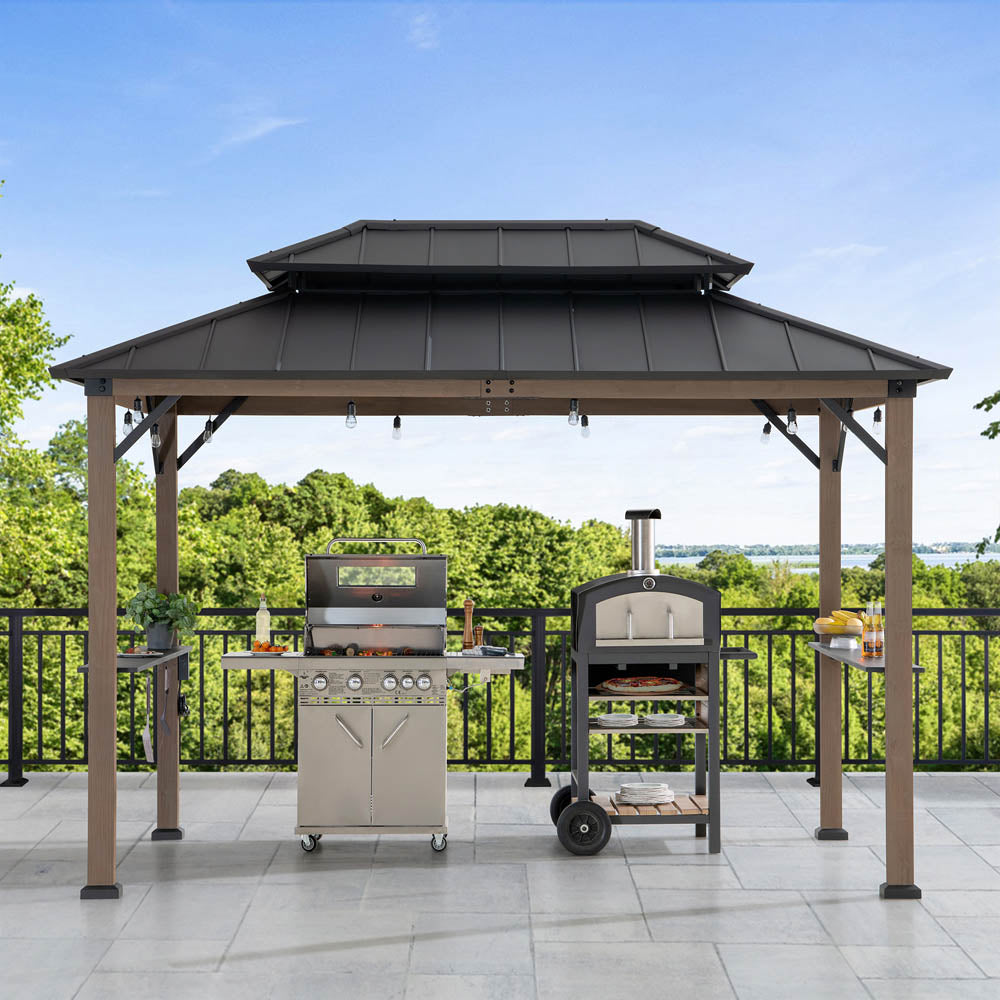 Sunjoy Grill Gazebo, 8' x 12' Wood Frame Hardtop Gazebo with Electrical Outlets and Shelves