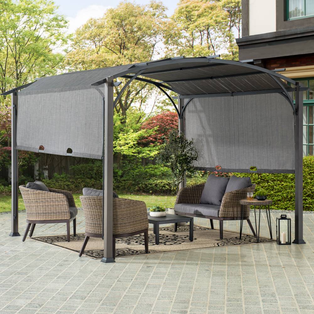 Sunjoy Patio Pergola, Outdoor Retractable Pergola with Adjustable Canopy and Natural Woodgrain Metal Posts