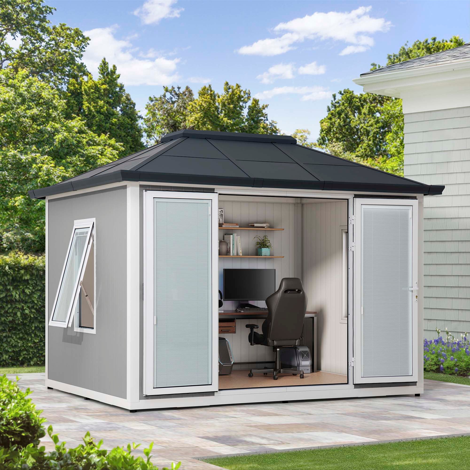 Sunjoy Esquire, Beyond Shed, 10&#039;x12.6&#039; Backyard Office Shed, Outdoor Storge Shed with Floors, 2 Windows, and Lockable Doors