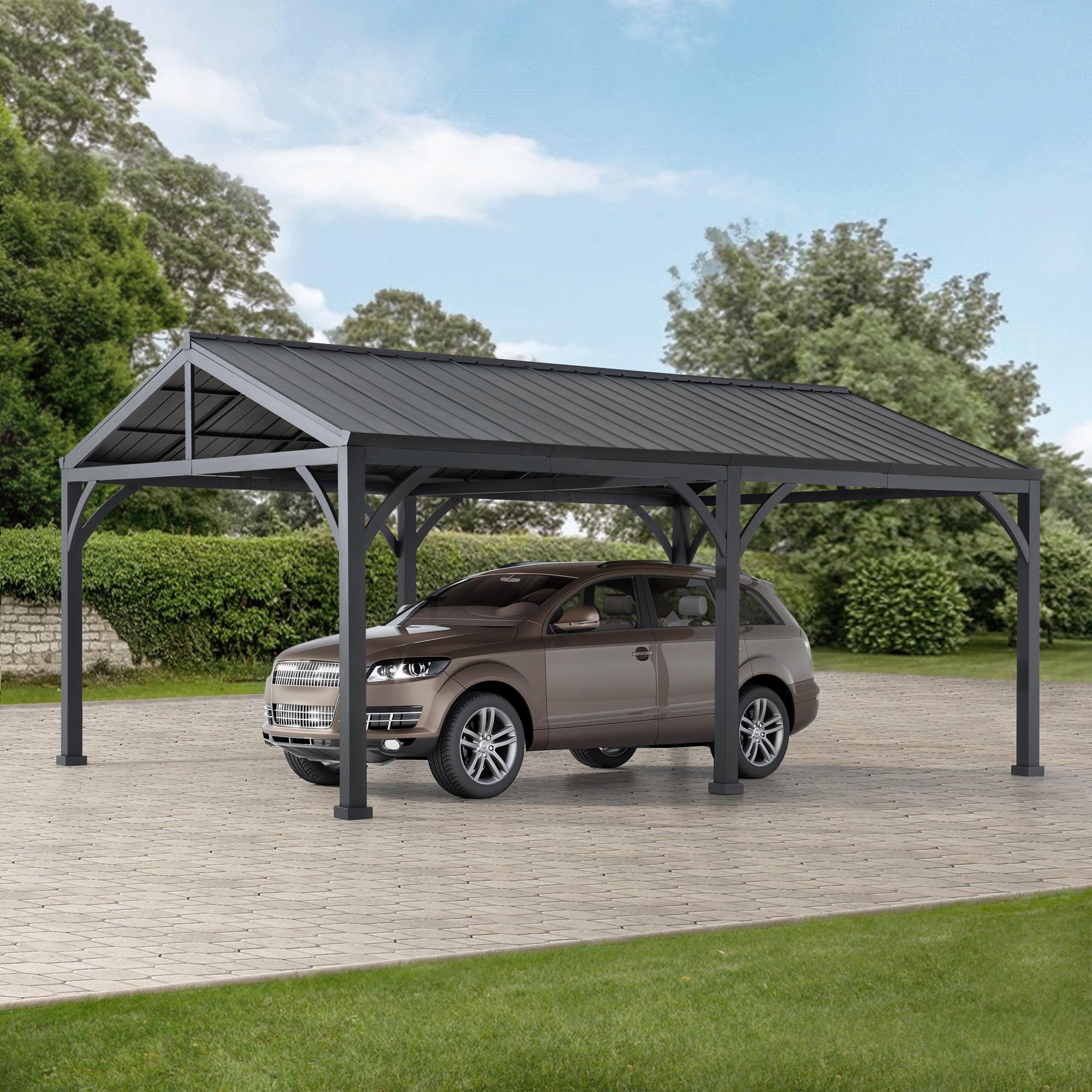 Sunjoy 14x20 Metal Carport, Steel Gable Roof Gazebo, Outdoor Living Pavilion with 2 Ceiling Hooks