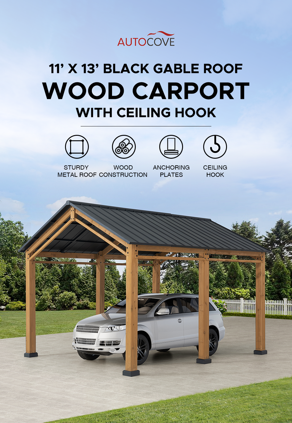 AutoCove 11x13 Wood Carport, Black Gable Roof Wood Gazebo, Outdoor Living  Pavilion with Ceiling Hook