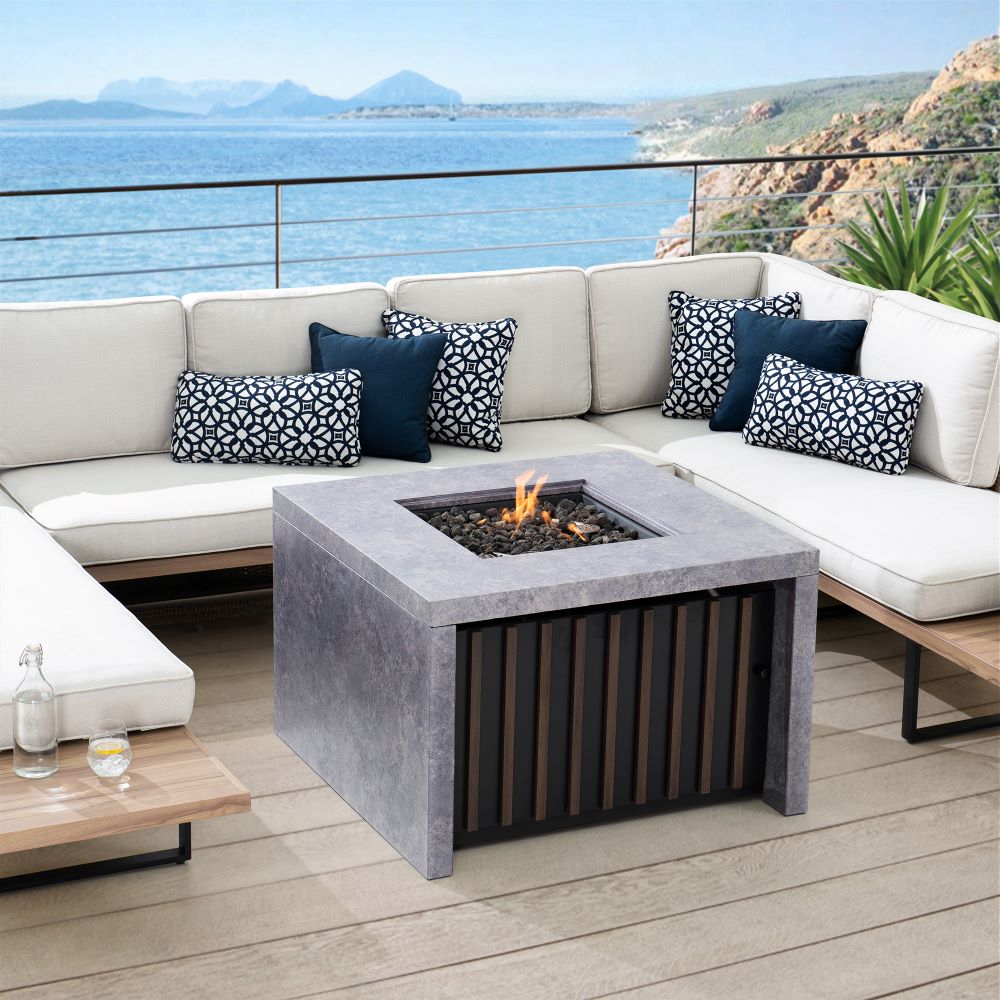 Sunjoy 38&quot; Large Size Outdoor Patio Grey Propane Burning Fire Pit Table with Lid and Lava Rocks