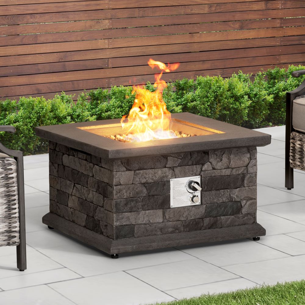 Sunjoy 28 in. Smokeless Firepit Outdoor Propane Gas Slate Square LP Fire Pit Table with Propane Tank Bracket and Lava Rocks
