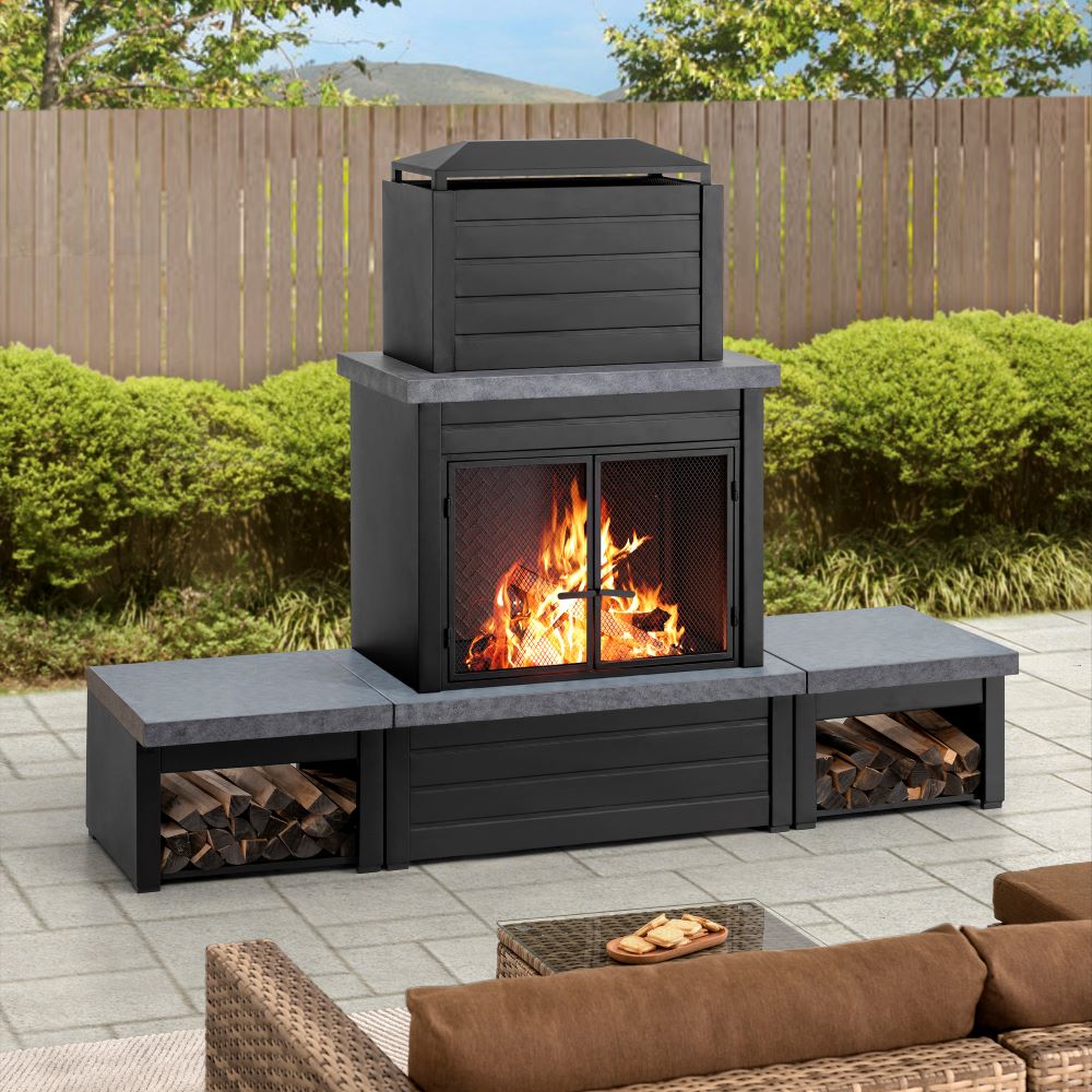 Sunjoy 58 in. Wood Burning Fireplace, Steel Outdoor Fireplace with Chimney, Log Holders, Fireplace Tool, and PVC Cover