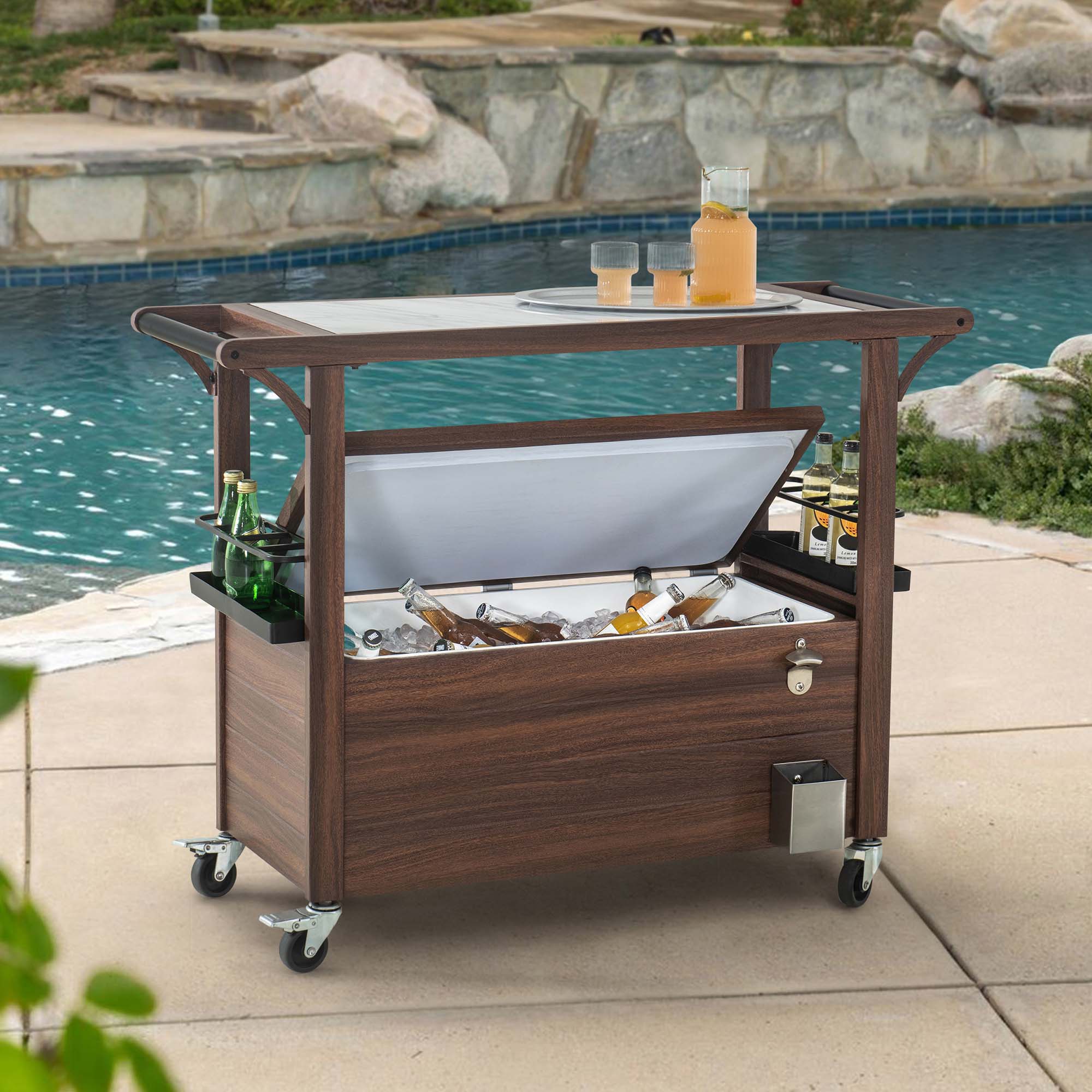 Sunjoy Rolling Bar Cart Cooler, 80-Quart Ice Chest Cooler Cart on Wheels, Marble Countertop Serving Carts with Bottle Racks