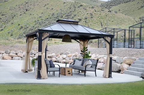 Sunjoy 10.5 ft. x 12.5 ft. Brown Steel Gazebo with 2-tier Hip Roof Hardtop and Curtains