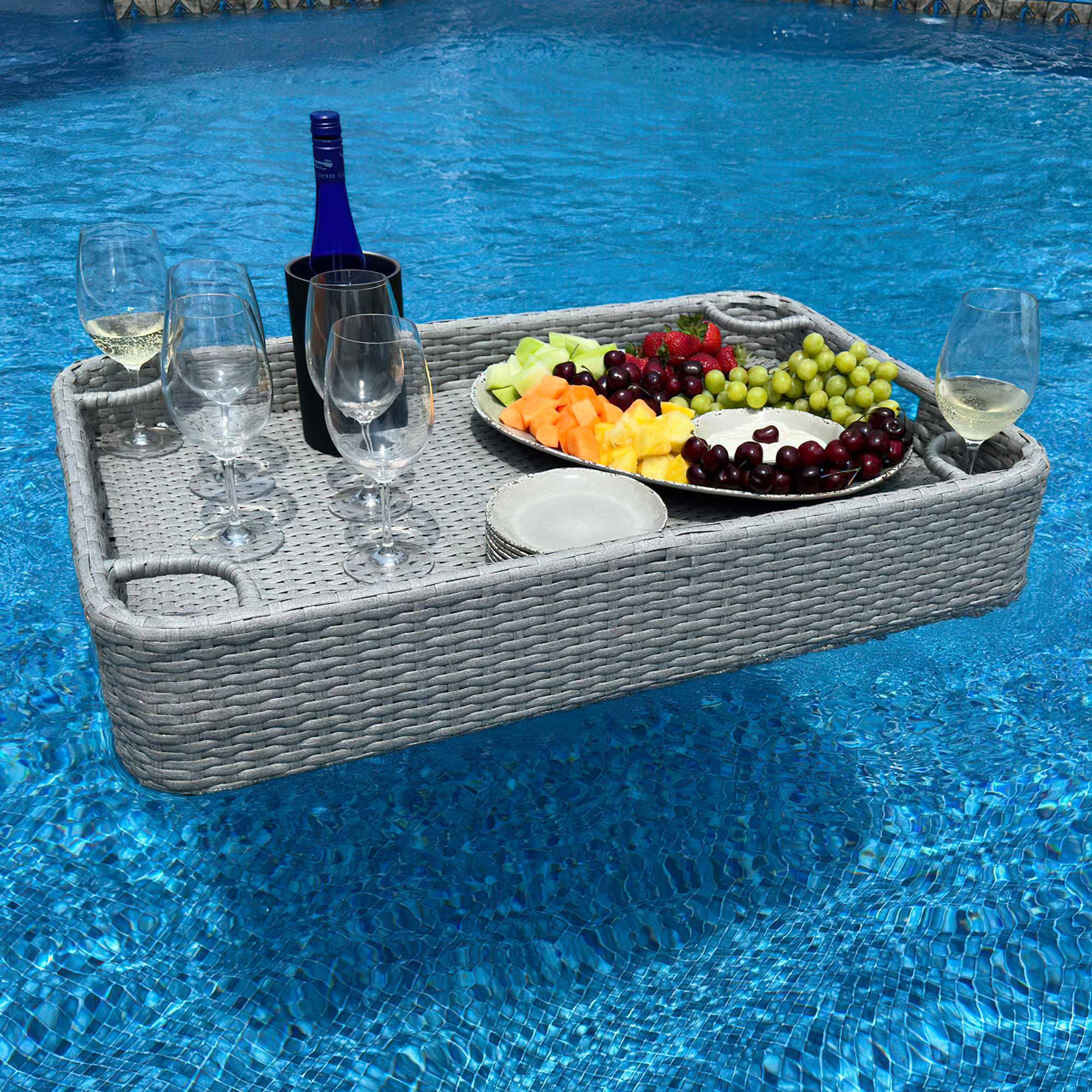 Sunjoy 36x24&#039;&#039; Wicker Floating Pool Tray Aluminum Frame Pool Accessory Tray for Drinks, Snacks, and Essentials