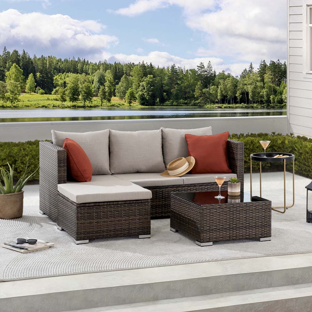 Sunjoy 3-Piece Patio Furniture Set Outdoor Wicker Sofa Set with Sunbrella Cushions and Tempered Glass Top Coffee Table