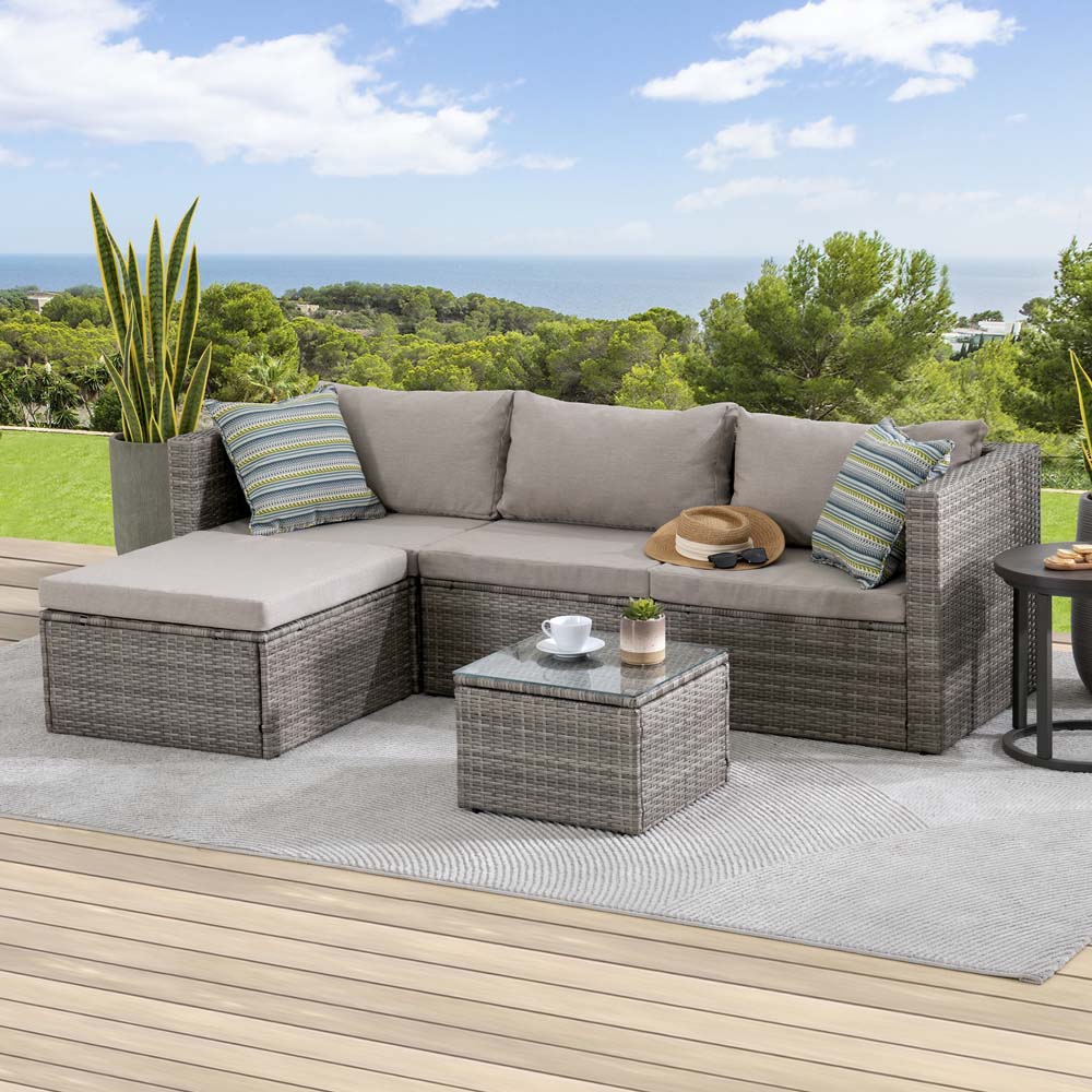 Sunjoy 5-Piece Patio Furniture Set Outdoor Sectional Wicker Sofa Set with Sunbrella Cushions and Tempered Glass Top Coffee Table