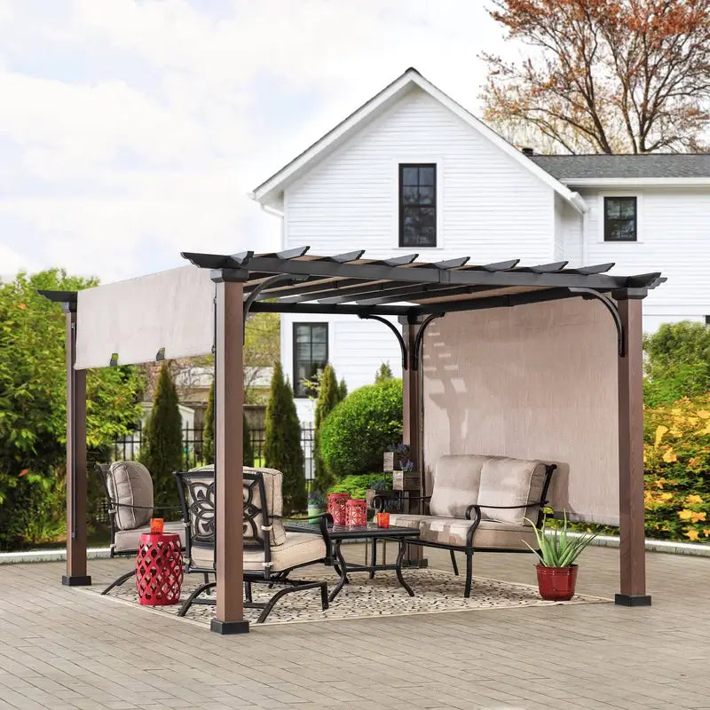 Sunjoy Outdoor Patio 11x11 Modern Metal Pergola Kit with Tan Adjustable Canopy