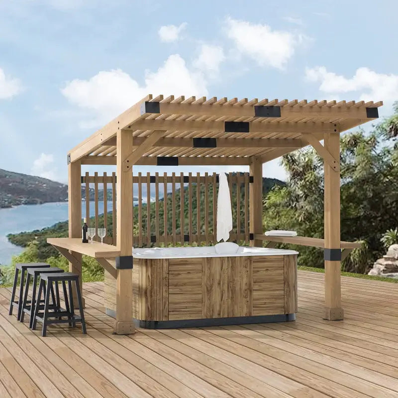 Sunjoy Outdoor Patio Grill Gazebo 10x11 Wooden Frame Hot Tub Pergola Kit with Privacy Screen and Large Bar Shelves