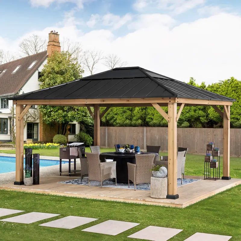 Sunjoy Outdoor Patio 13x15 Wooden Frame Backyard Hardtop Gazebo with Ceiling Hook