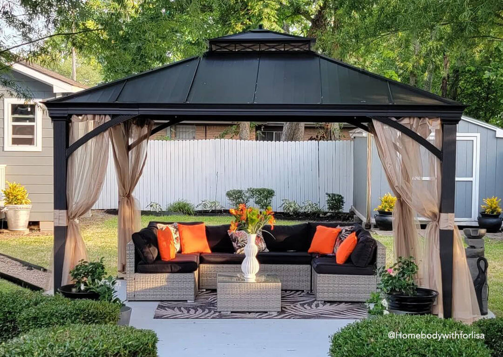 Sunjoy Outdoor Patio 11x13 Black 2-Tier Aluminum Frame Backyard Hardtop Gazebo with Metal Ceiling Hook and Netting