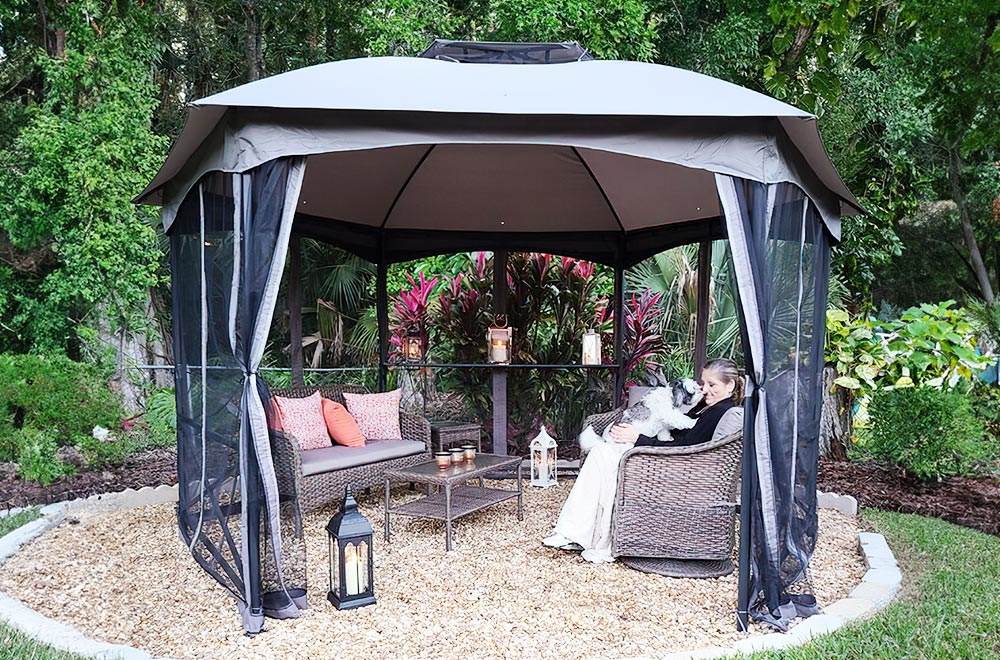 Hexagon Soft Top Gazebo with Netting and Bar Shelf
