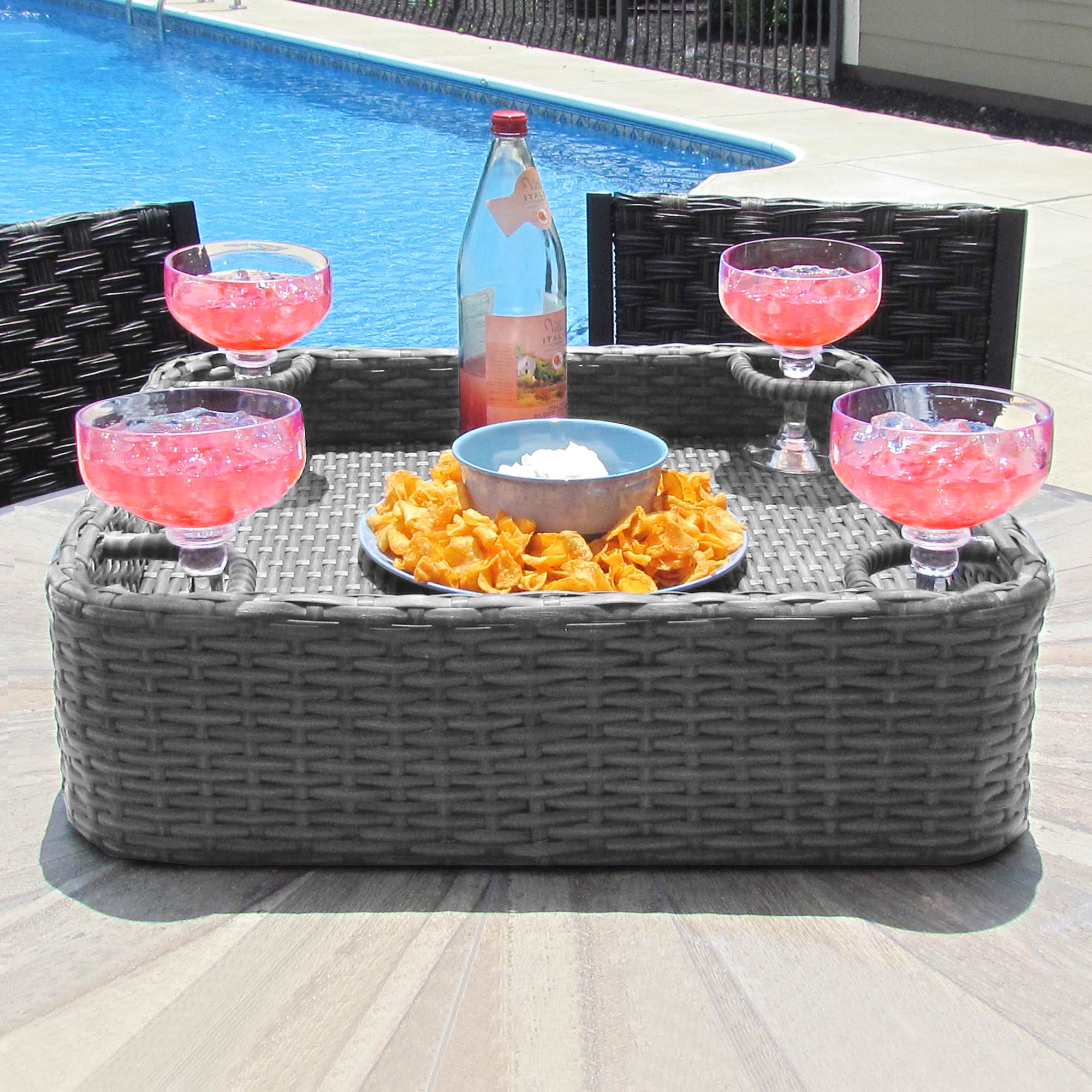 Sunjoy 24x24'' Wicker Floating Pool Tray Aluminum Frame Pool Accessory Tray for Drinks, Snacks, and Essentials