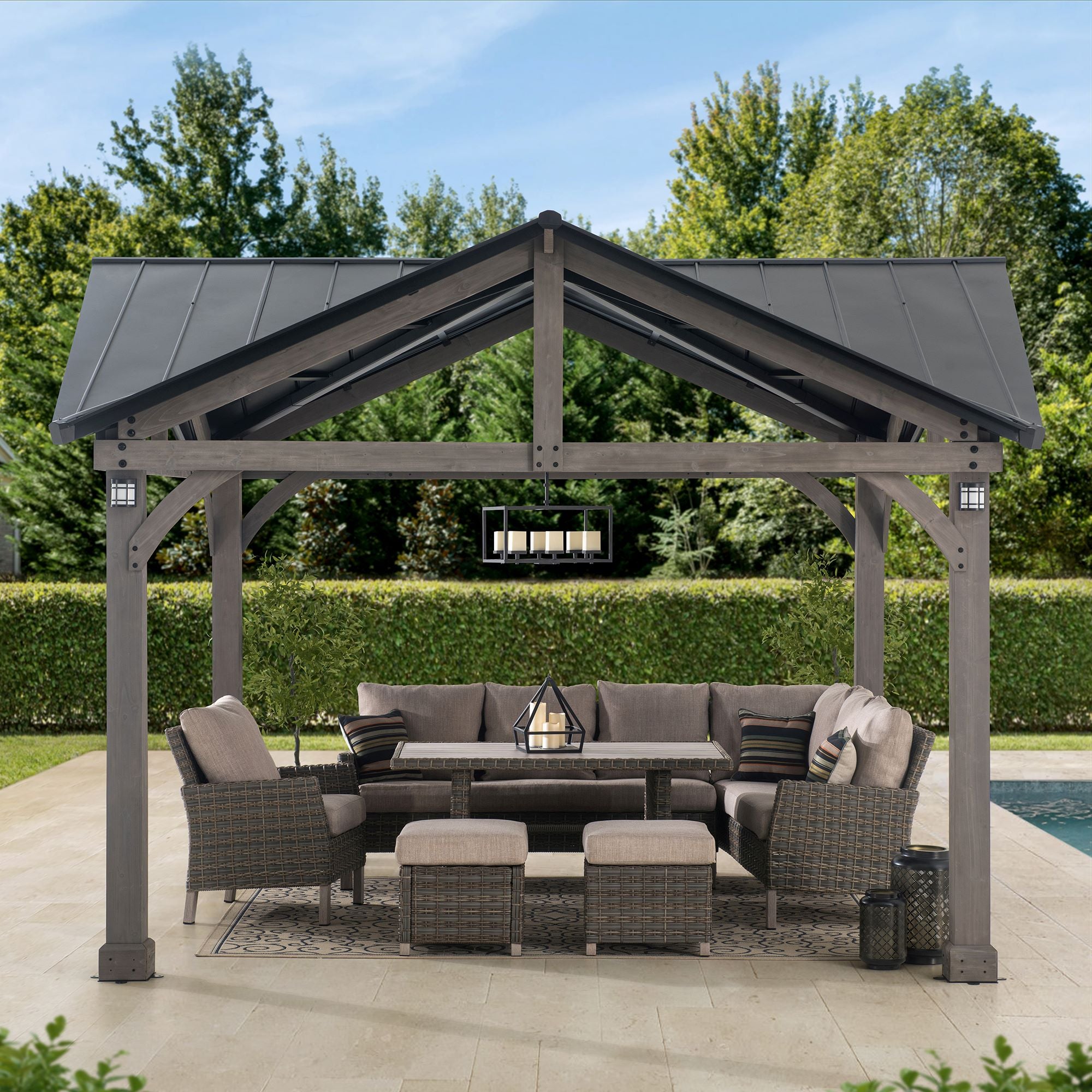 Sunjoy 13.5x13.5 Steel Hardtop Gazebo with Solar Powered LED Lights and Built-in Power System