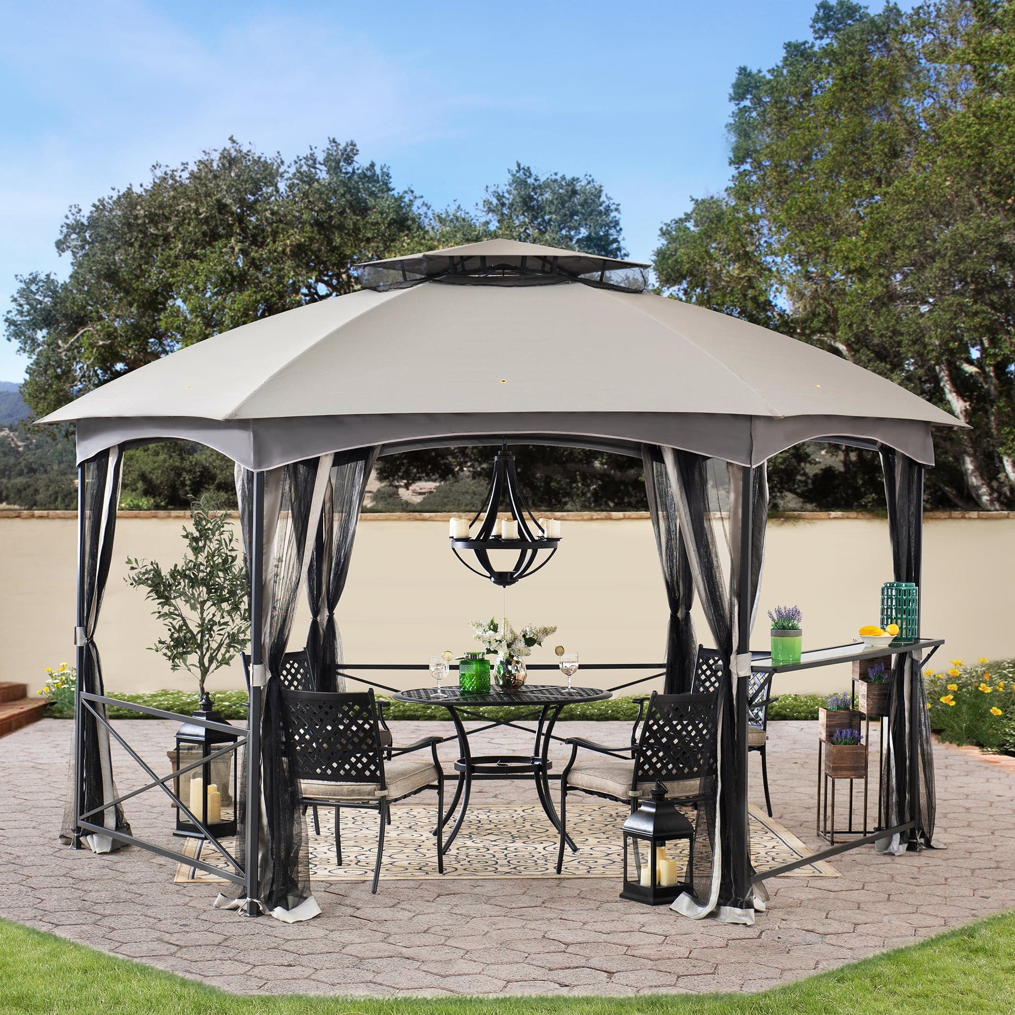 Sunjoy 15x15 ft. Gray Hexagon Steel Frame Soft Top Gazebo with 2-tier Dome Roof, Netting, and Bar Shelf