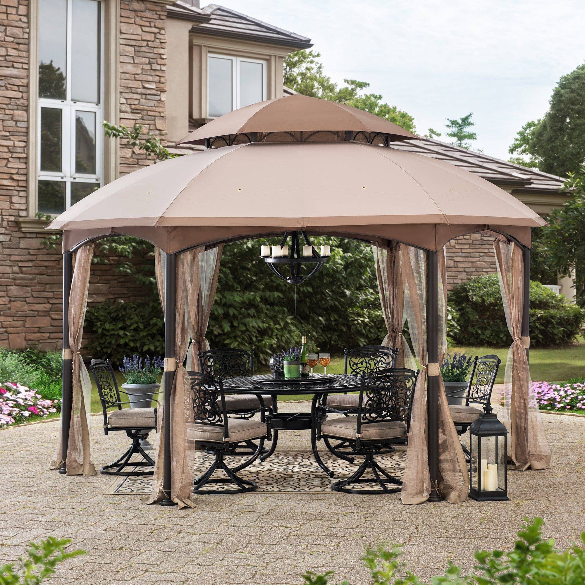 Sunjoy Outdoor Patio 13.5x13.5 Tan 2-Tier Backyard Soft Top Gazebo with Ceiling Hook