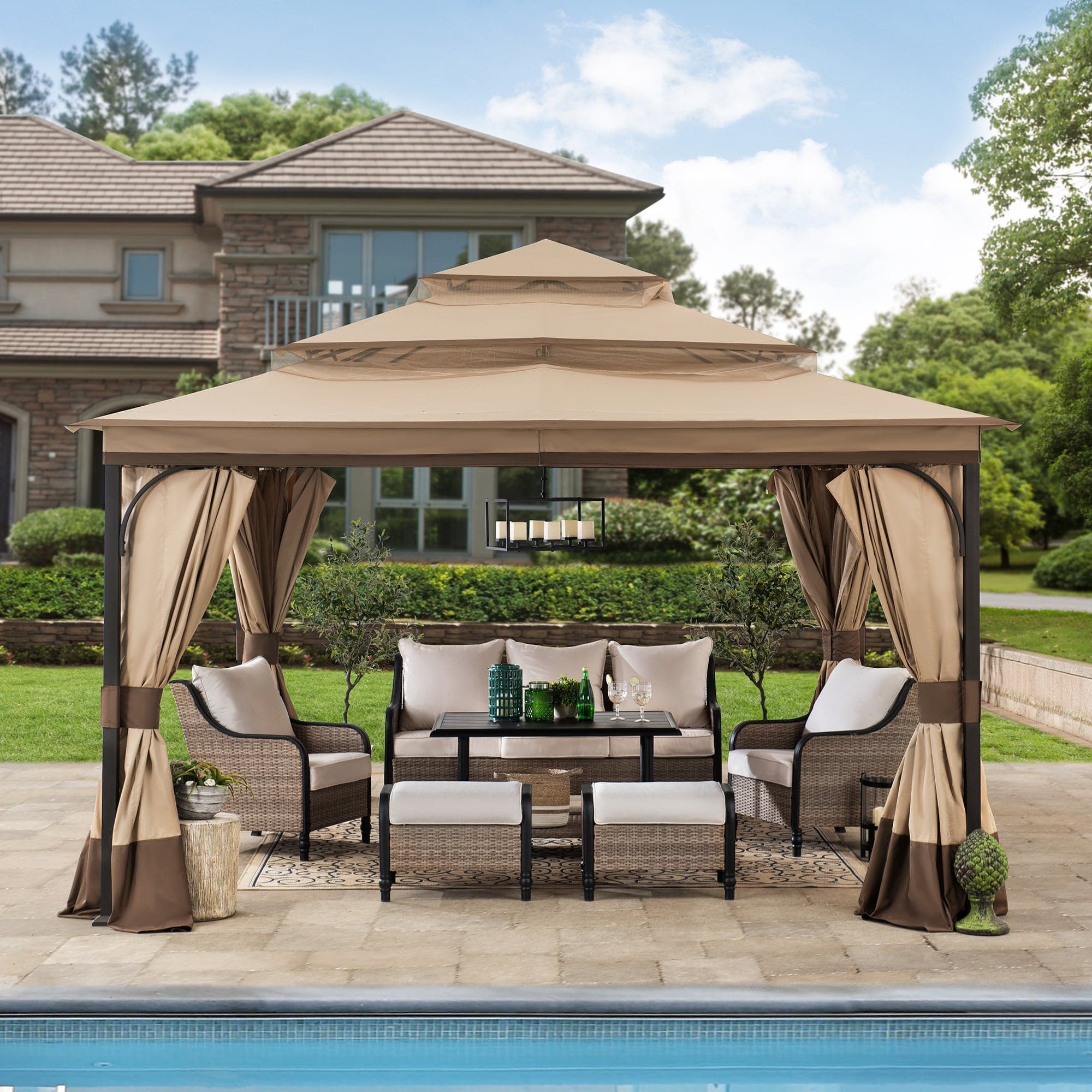 Sunjoy Outdoor Patio 13x13 Tan 3-Tier Steel Backyard Soft Top Gazebo with Netting and Curtains