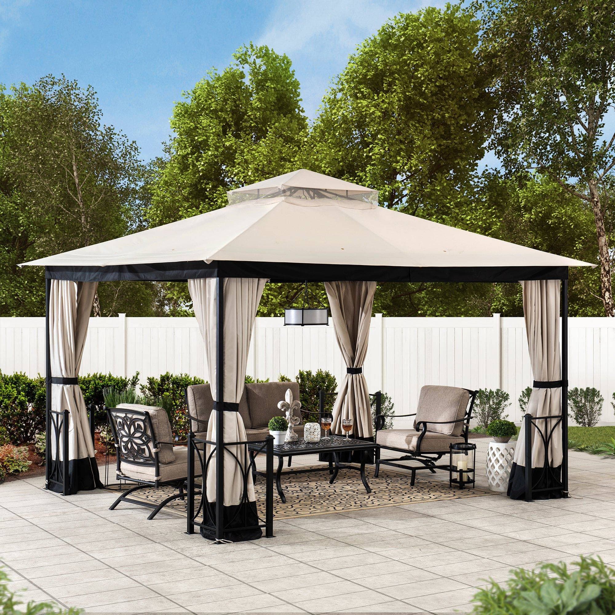 Sunjoy Outdoor Patio 11x13 Beige 2-Tier Steel Backyard Soft Top Gazebo with Curtain and Netting