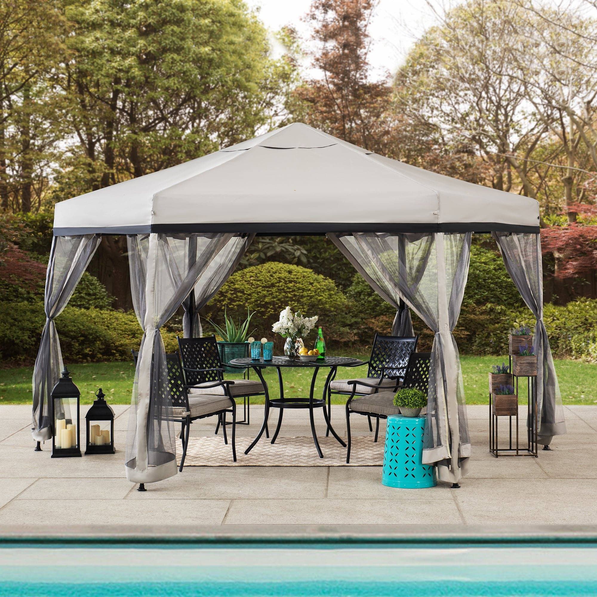 Sunjoy Outdoor Patio 11x11 Hexagon Backyard Pop Up Portable Soft Top Gazebo with Netting