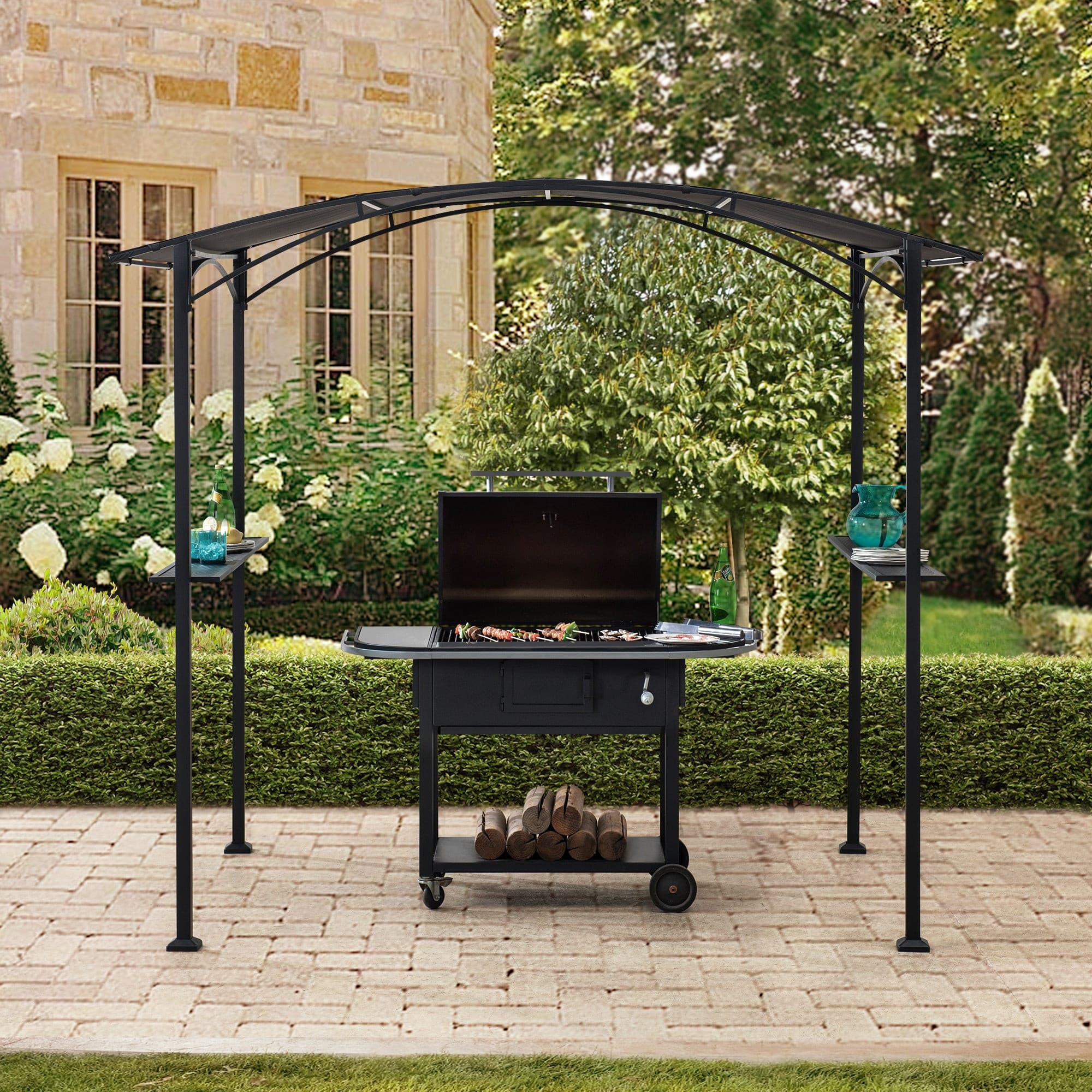 Sunjoy Outdoor Patio 5x8 Black Metal Backyard Grill Gazebo with Arch Canopy and Bar Shelves