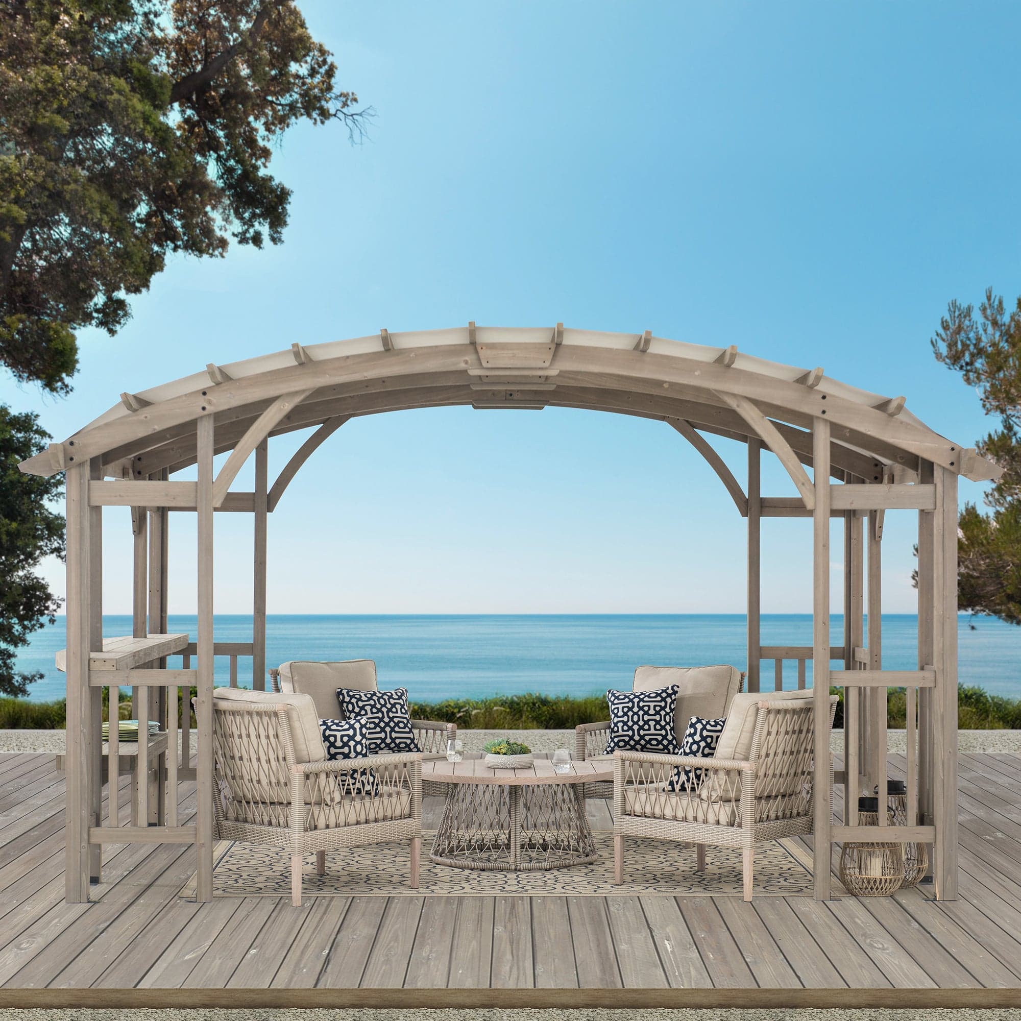 Sunjoy Outdoor Patio 10x14 Modern Light Gray Wooden Frame Arched Pergola Kit with Shelves