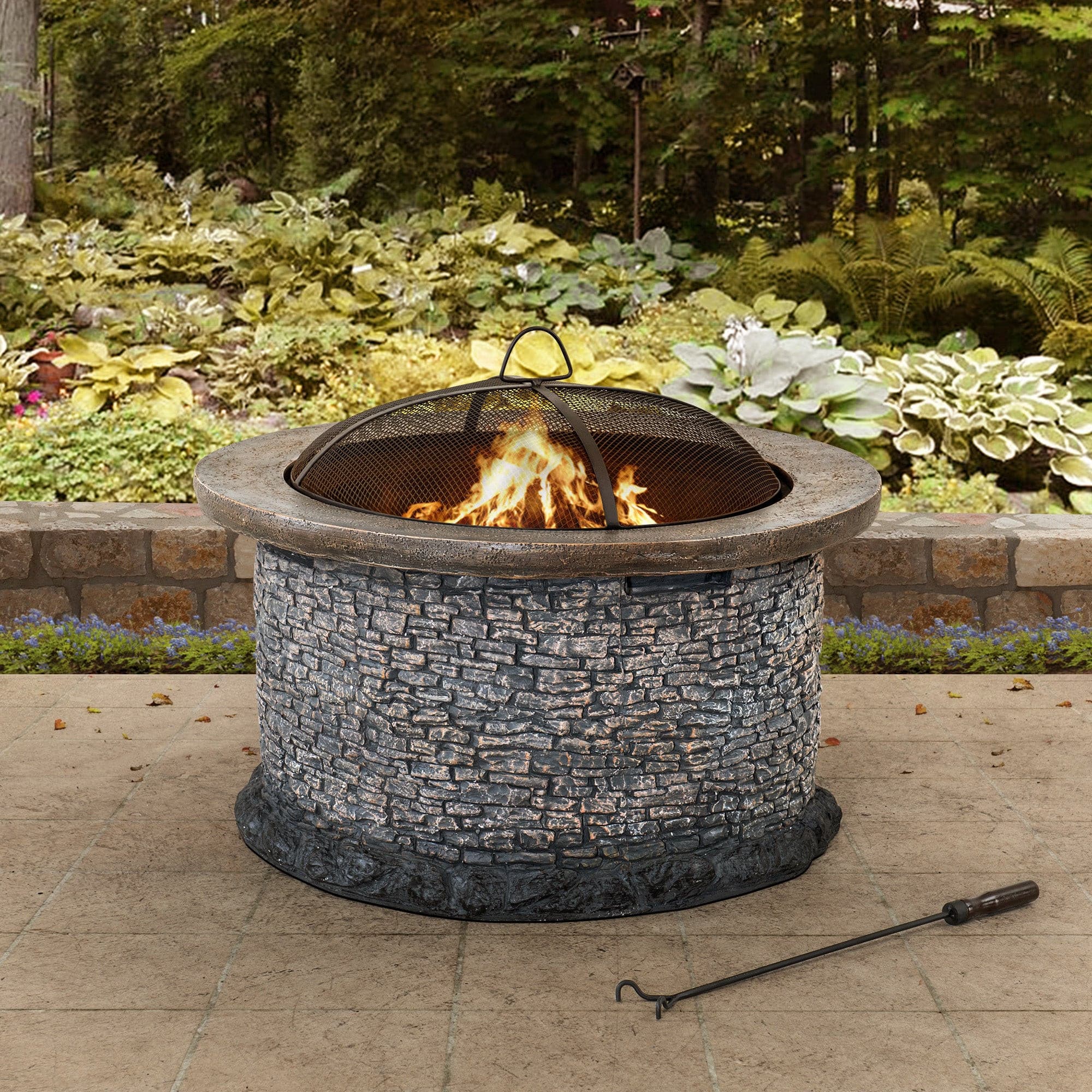 Sunjoy 32 in. Outdoor Fire Pit Brown and Gray Patio Fire Pit Wood Burning Stone Fire Pit with Spark Screen and Fire Poker