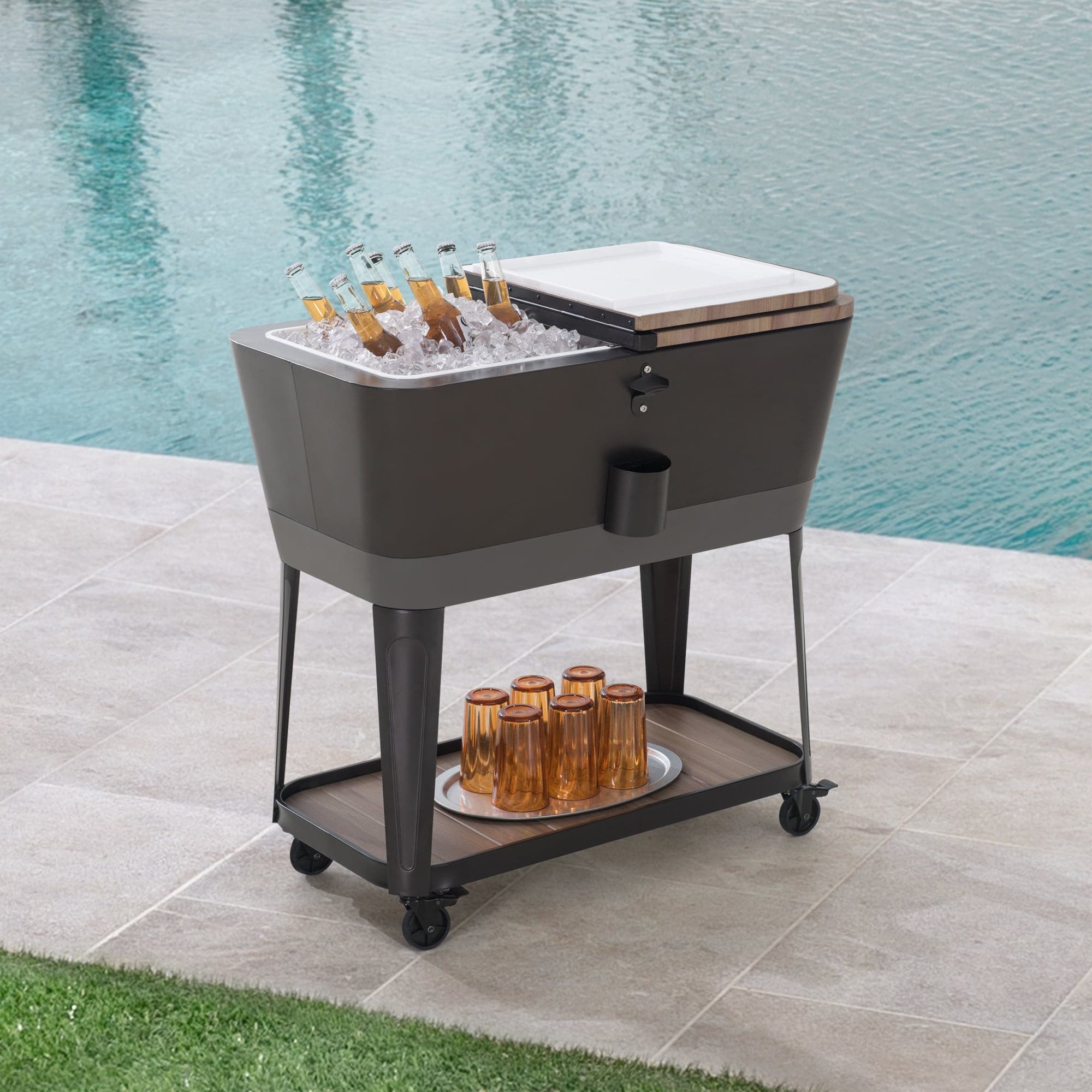 Sunjoy Outdoor Patio 80 Quart Rolling Ice Chest Cooler Cart with Steel Bottle Opener, Shelf and Lockable Wheels