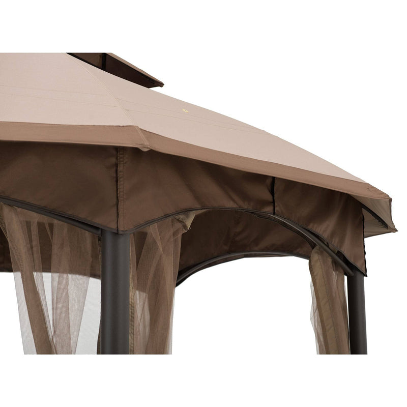 Sunjoy 13.5 ft. x 13.5 ft. Brown Steel Gazebo with 2-tier Tan and Brown Dome Canopy and Netting - SunjoyGroup