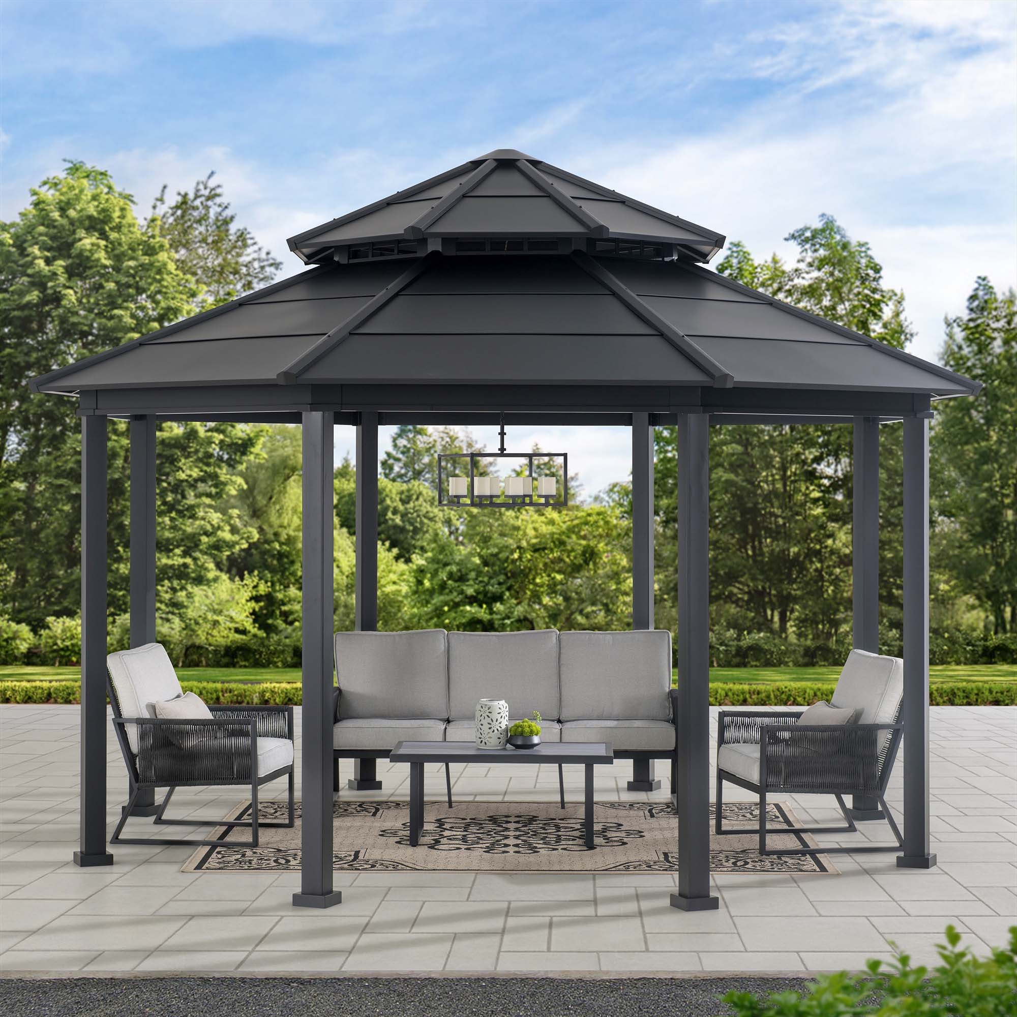 Sunjoy 15x15 ft. Outdoor Hardtop Gazebo, Octagon Double Tiered Metal Gazebo with Dual Rails and Ceiling Hook for Patio, Garden, Backyard Shade