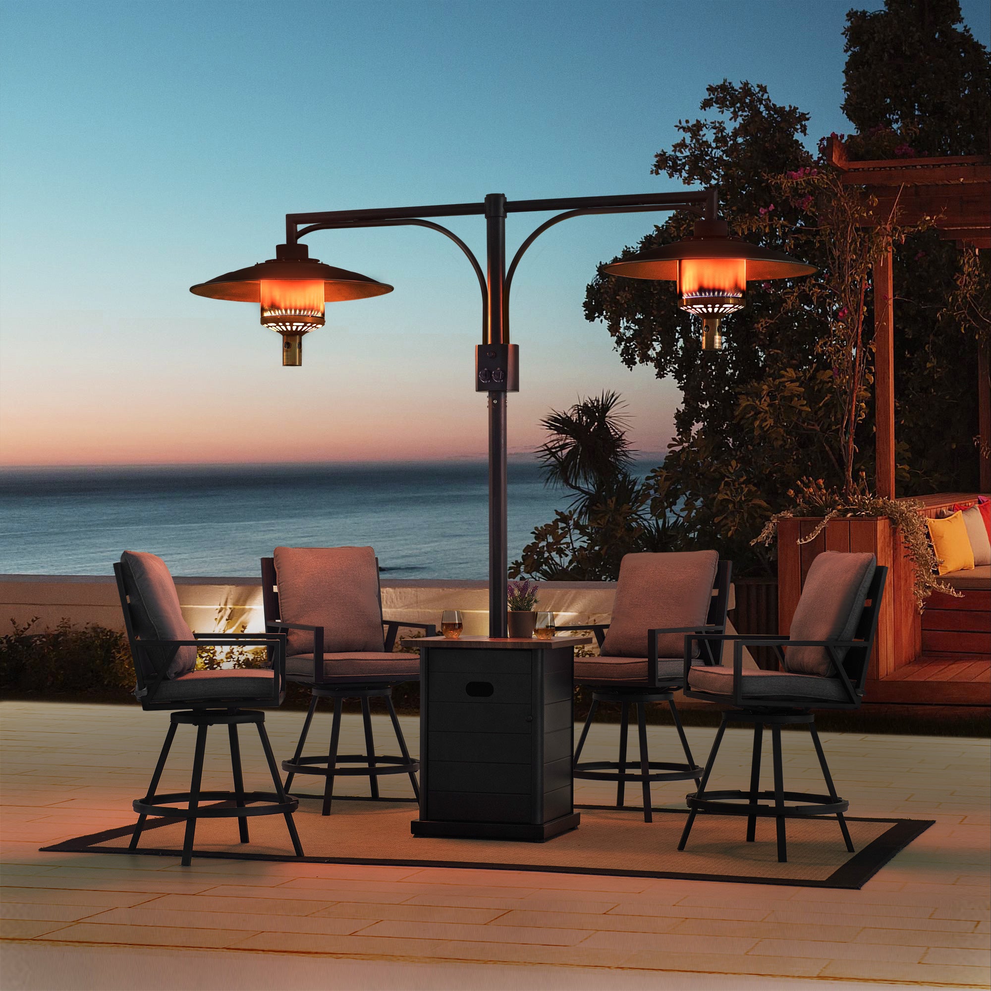 Sunjoy Outdoor Patio 64,000 BTU Black Steel Propane Gas Dual Heater with Table Top for Commercial &amp; Residential Use