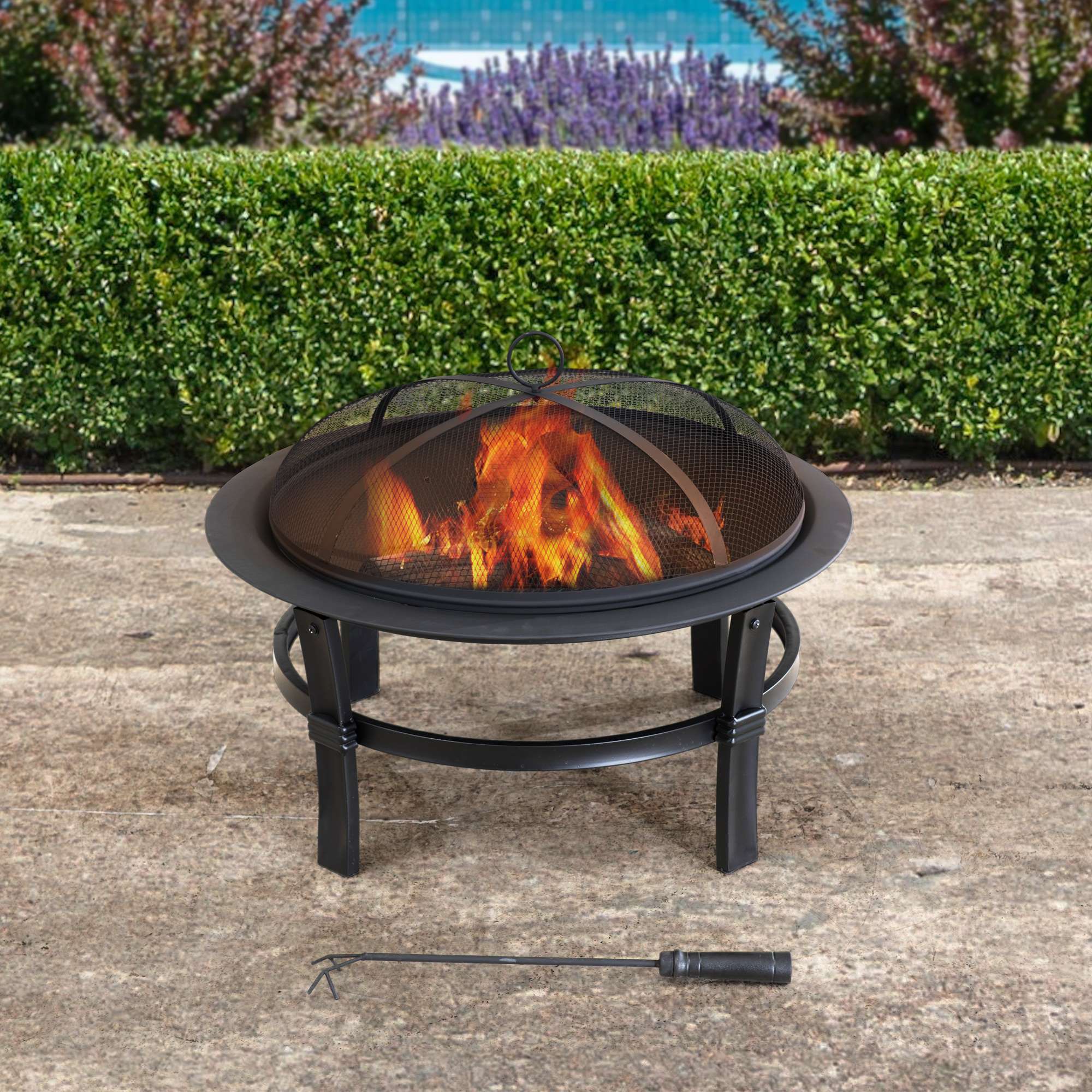 Sunjoy 29 in. Outdoor Fire Pit Black Steel Patio Fire Pit Backyard Wood Burning Fire Pit with Spark Screen and Fire Poker