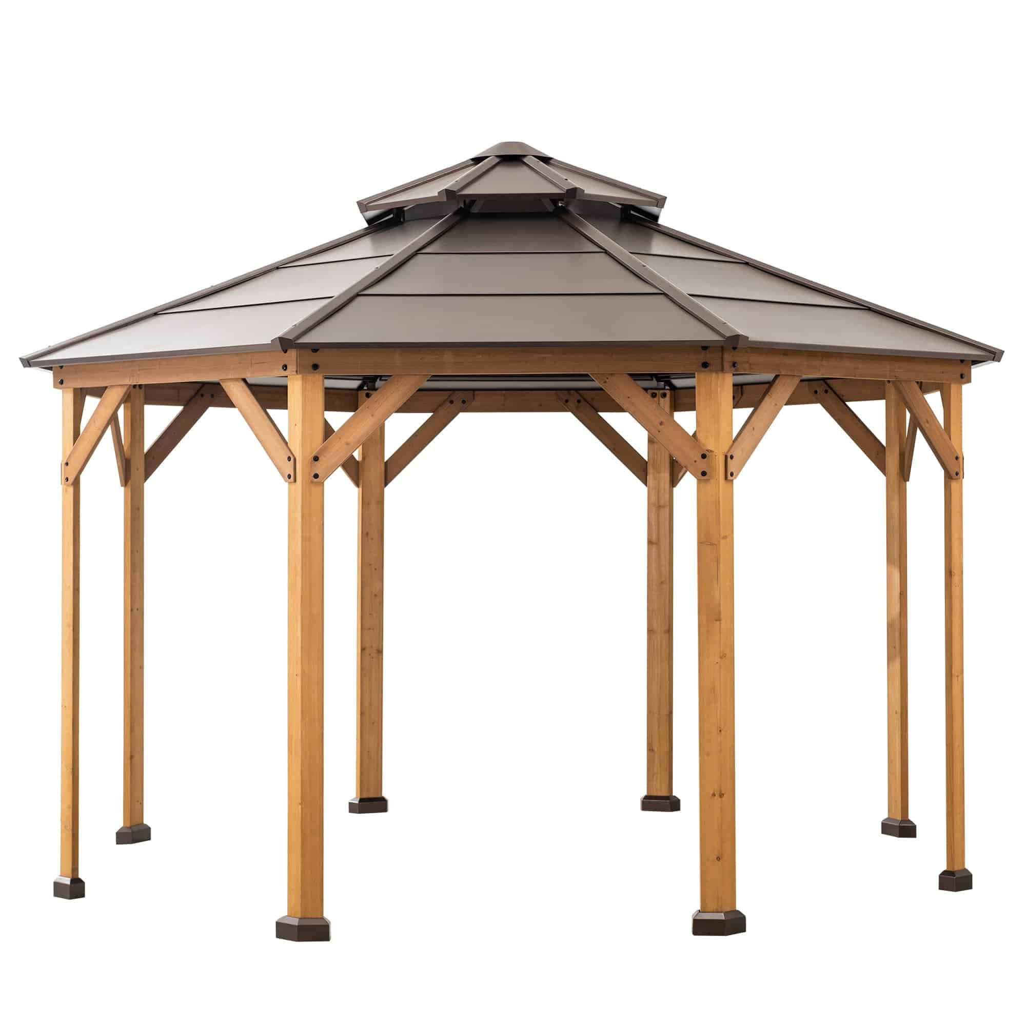 Sunjoy 13 ft. x 13 ft. Brown 2-Tier Wooden Frame Hardtop Gazebo with Ceiling Hook