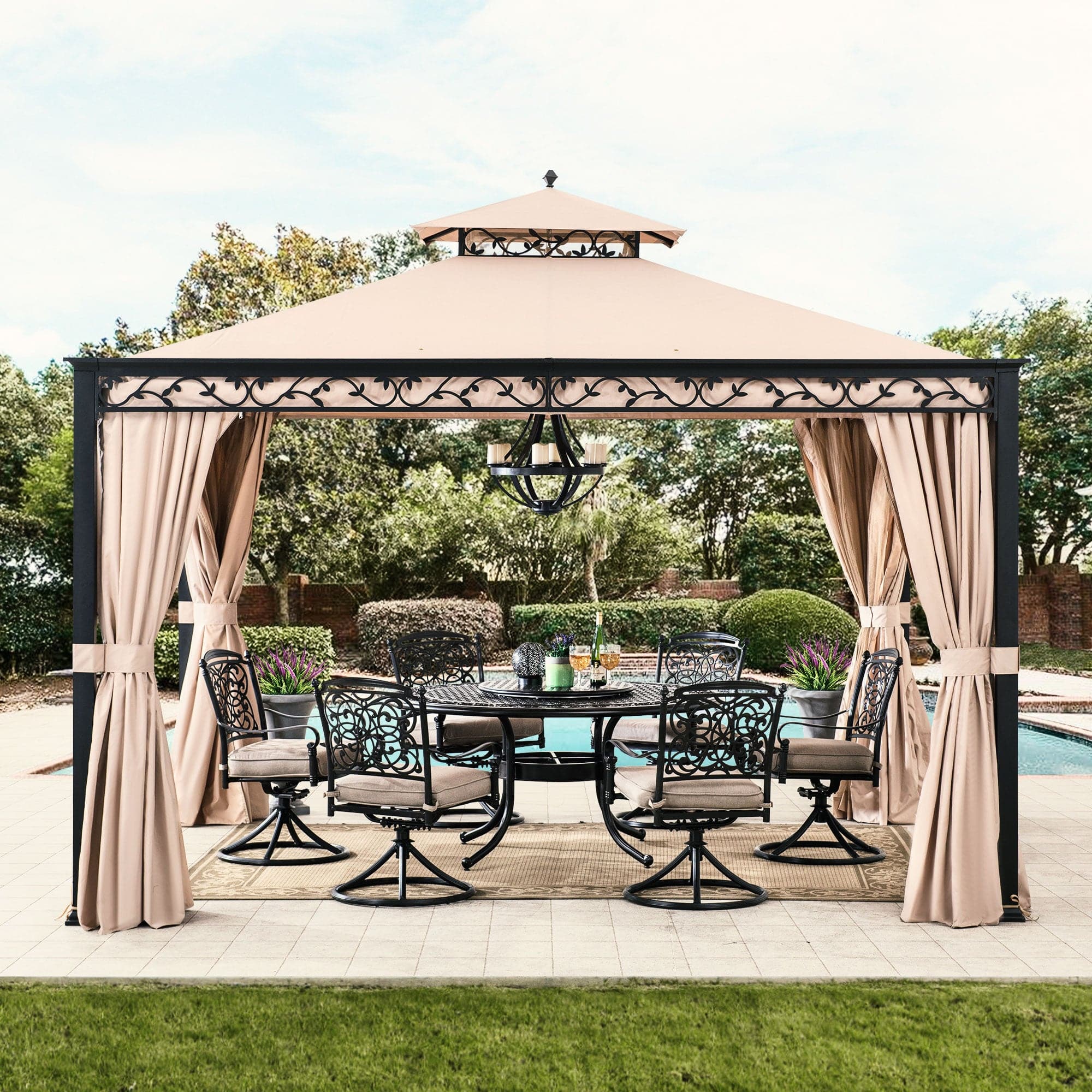 Sunjoy 10x12 ft. Steel Frame Gazebo Outdoor Patio 2-tier Soft Top Gazebo with Decorative Vine, Netting, Curtains, and Ceiling Hook