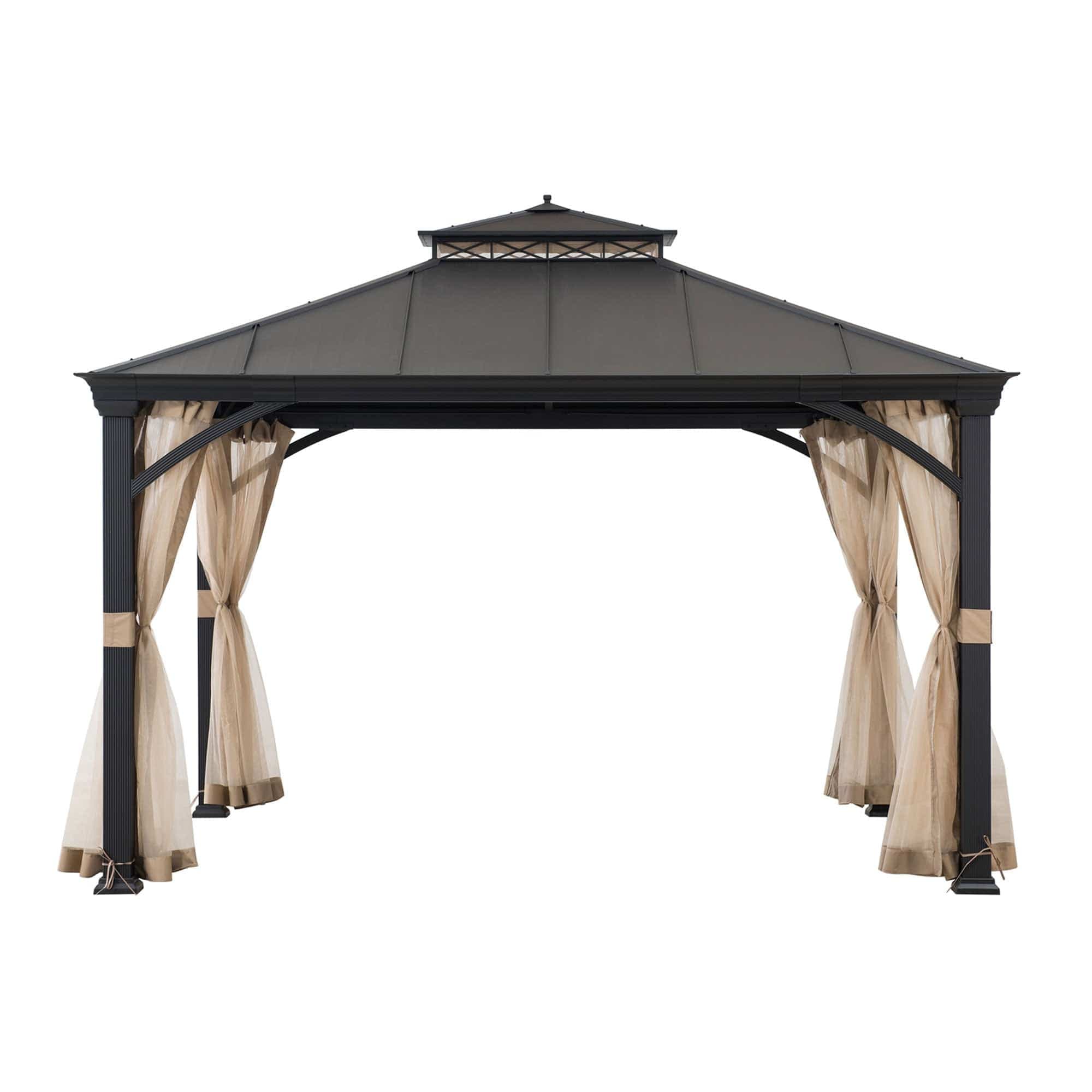 Sunjoy 10.5 ft. x 12.5 ft. Black 2-Tier Steel Hardtop Gazebo with Ceiling Hook and Netting