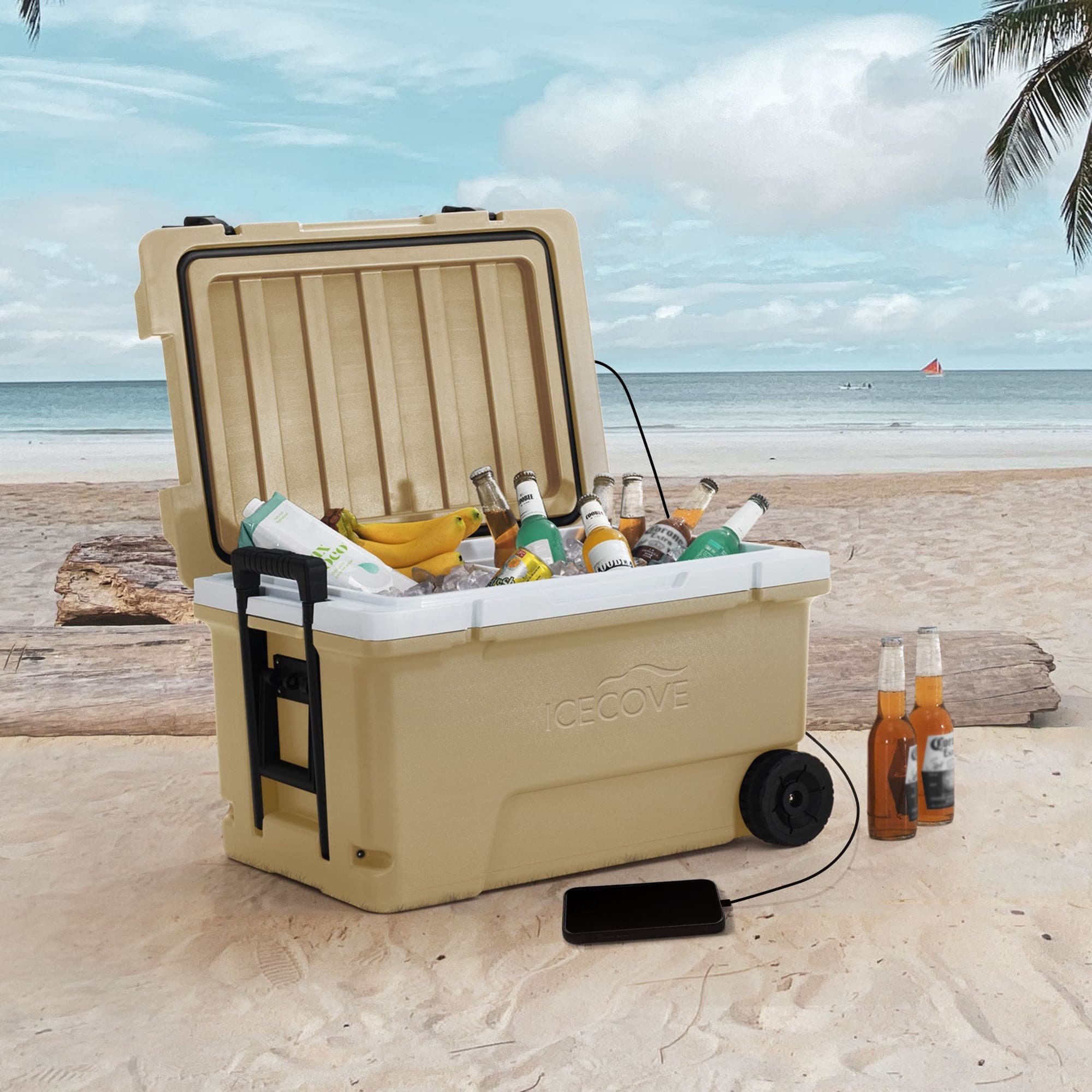 Sunjoy 60-Quart Insulated Beach Ice Chest Solar Cooler with Wheels and Handles